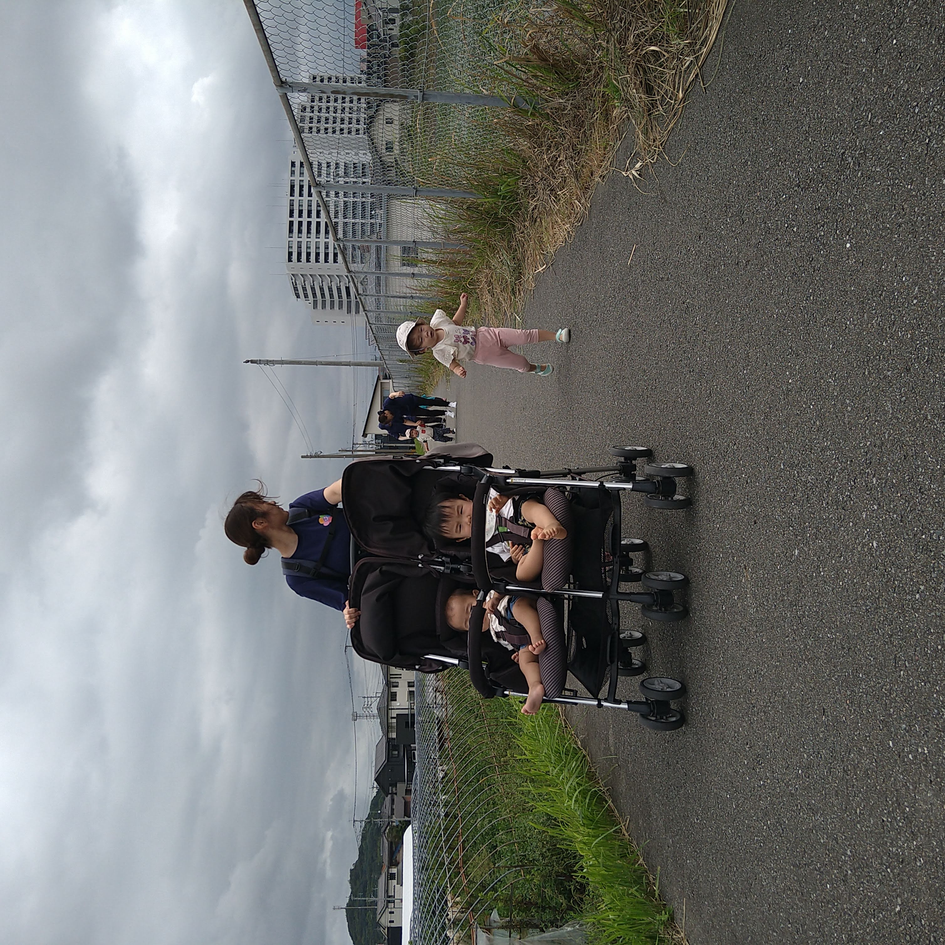 保育士と子どもたちが一緒に散歩道を進む様子