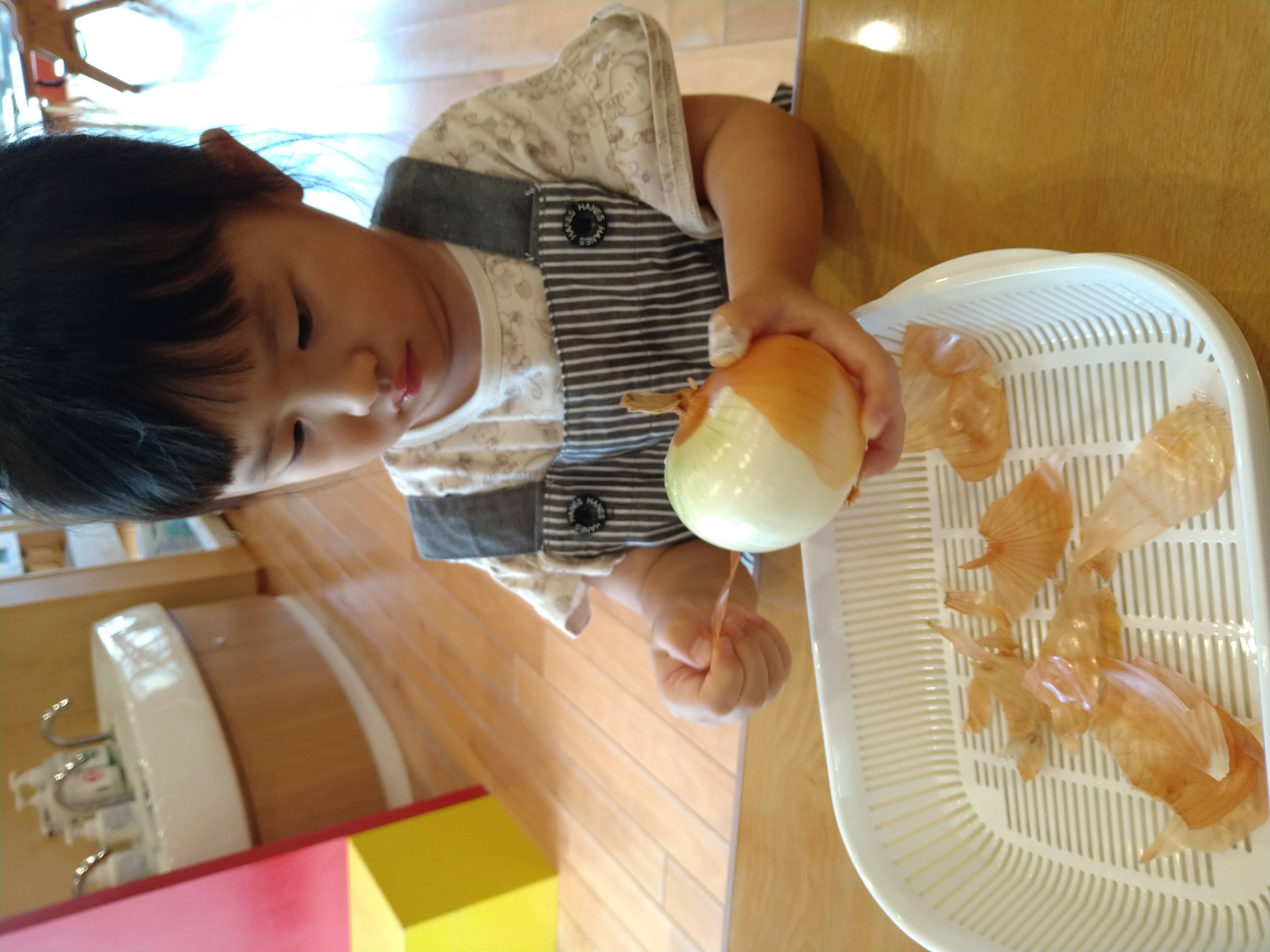 薄い玉ねぎの皮を指先でつまんで引く子ども