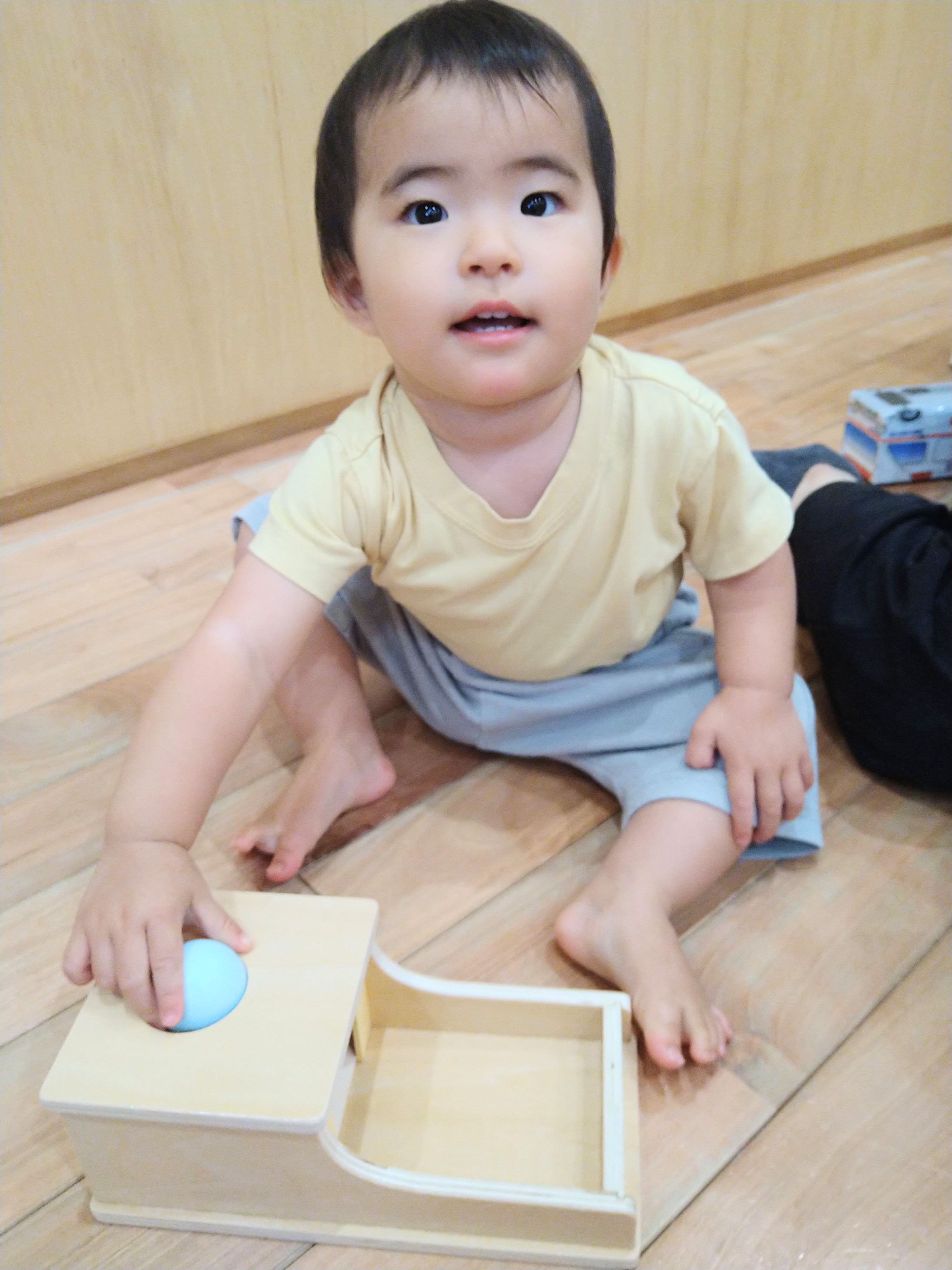 木製の教具にある青い球へ手を伸ばす子ども