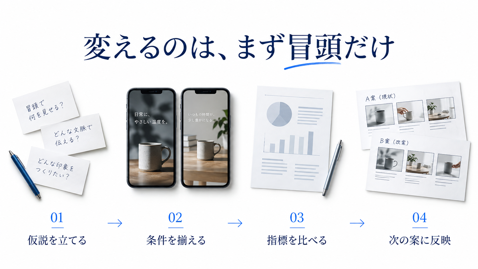 仮説、比較条件、指標、次の案をつなぐ運用イメージ。画面やグラフは説明用の装飾で、実績データではありません。