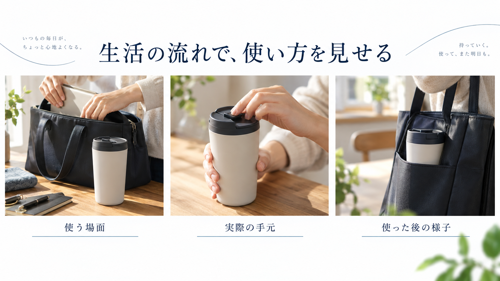 利用場面、操作する手元、持ち歩きの場面をつなぐ構成例。AI生成による架空商品のイメージで、実際の使用記録ではありません。