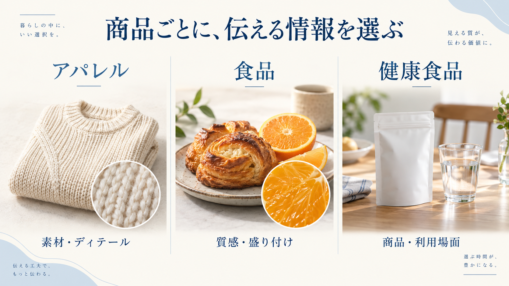 カテゴリによって伝える情報を選ぶ。写真風の画像はAI生成による架空商品の企画イメージです。