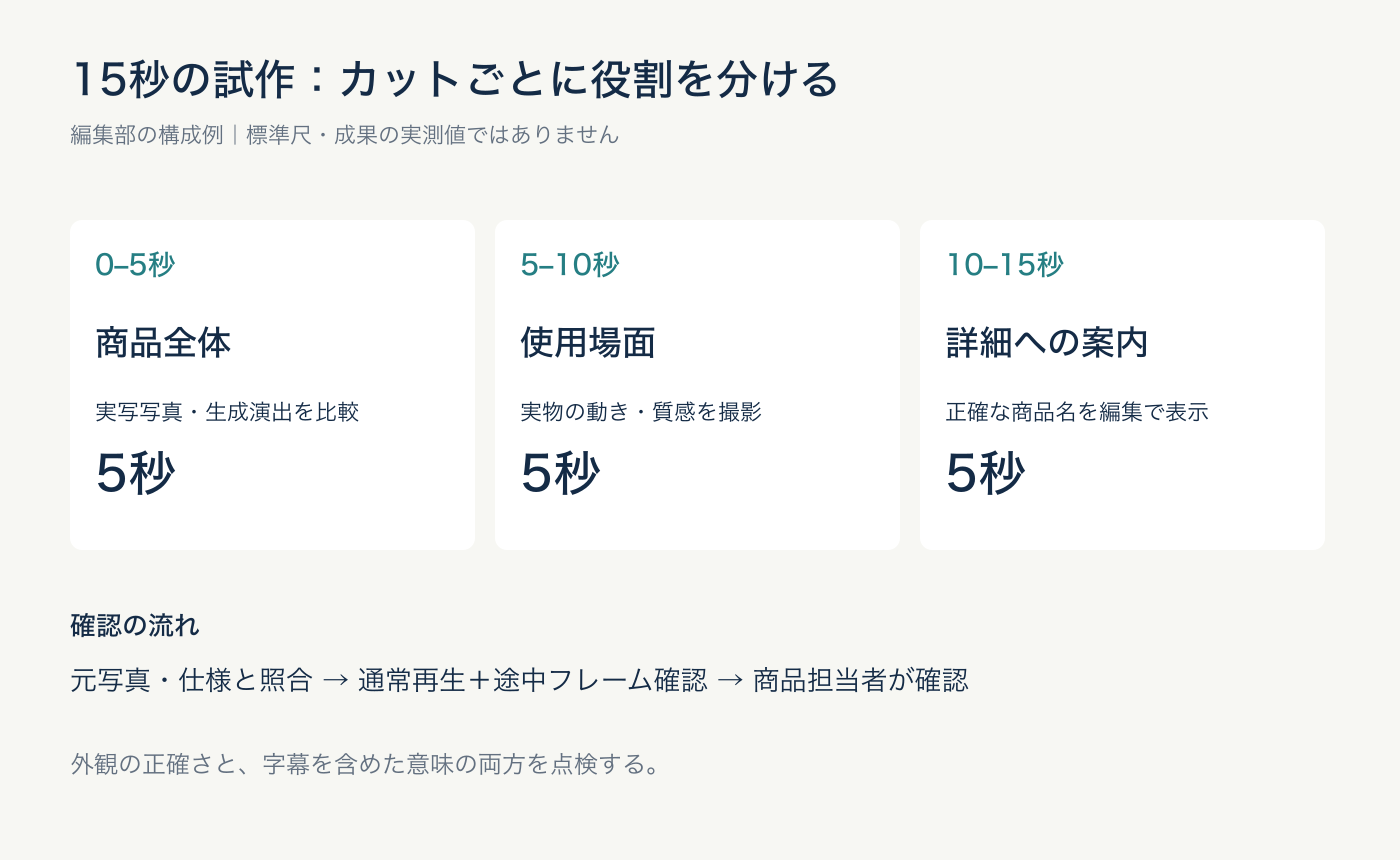 15秒の構成例。商品全体・使用場面・詳細への案内を各5秒で設計する例です。