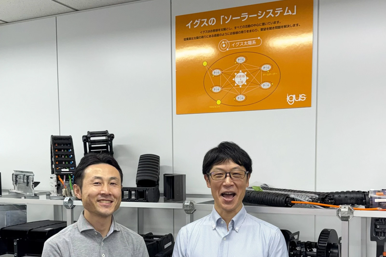 イグスのソーラーシステムの掲示の前に立つ社員のお二人