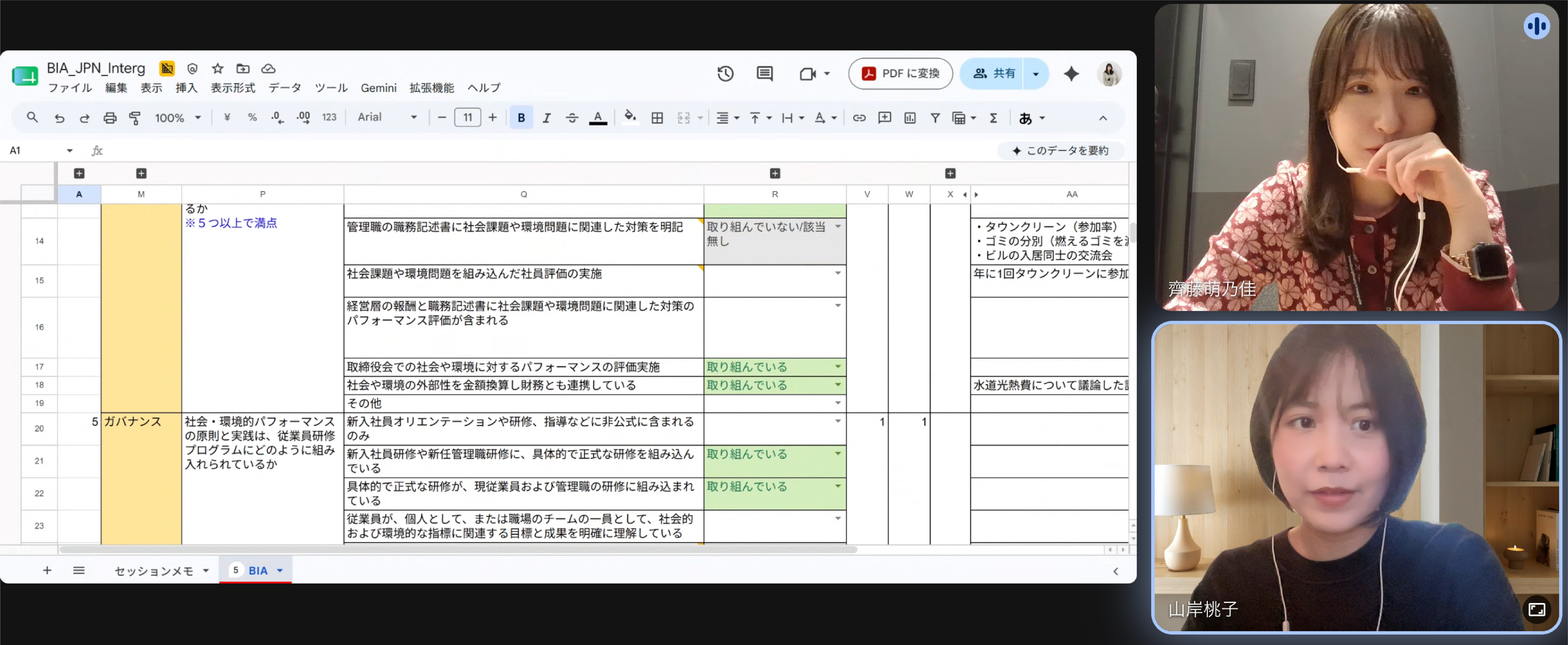 B corp認証プロジェクトメンバーとのオンラインMTG風景