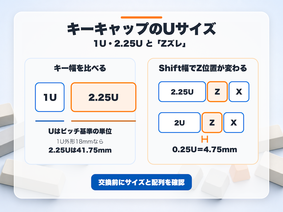 1Uと2.25Uのキー幅、2.25U Shiftと2U ShiftによるZキー位置の違いを示したサムネイル