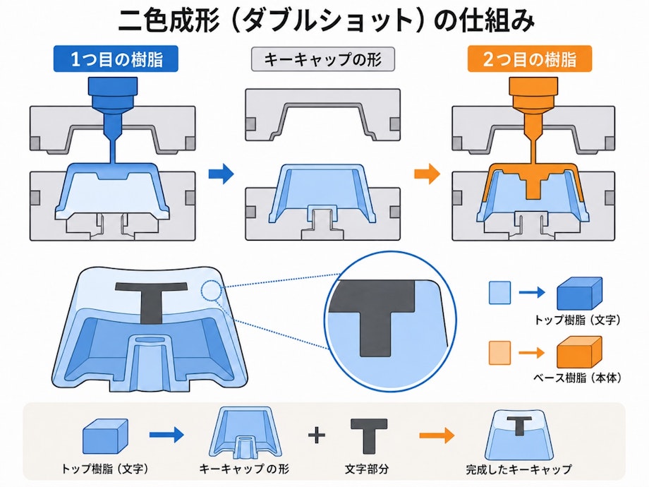 二色成形でキーキャップ本体と文字部分を異なる樹脂として成形する仕組み