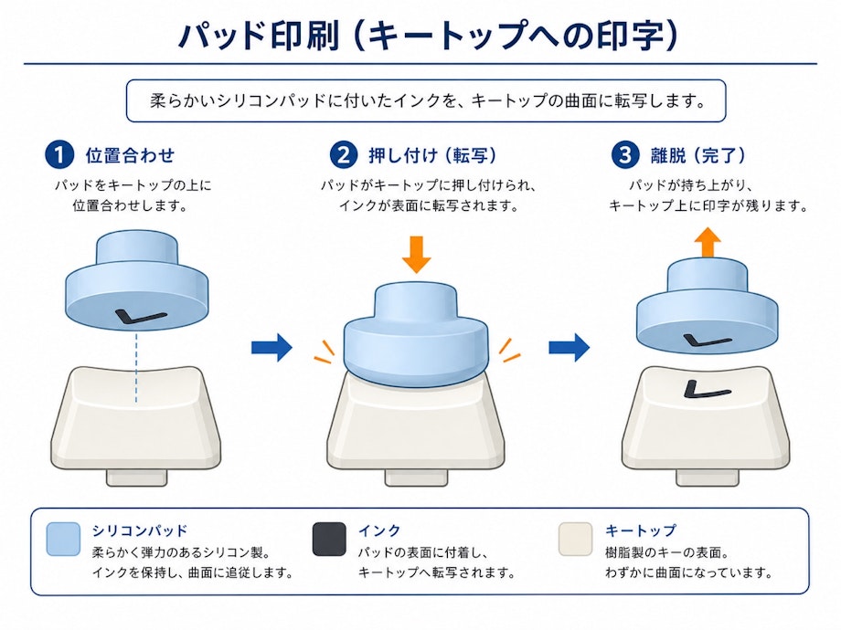 シリコンパッドのインクをキーキャップの曲面へ押し付けて転写するパッド印刷の工程