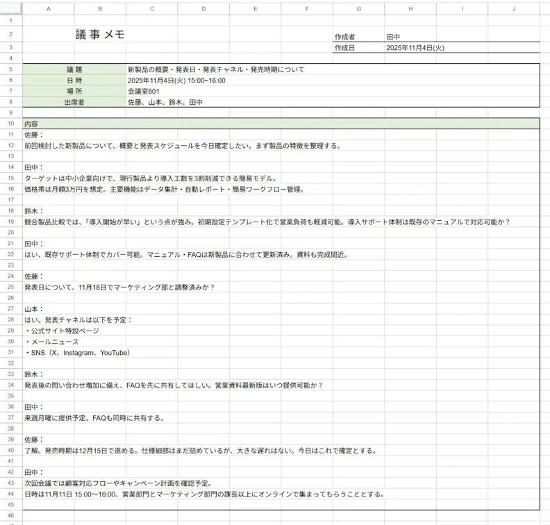 会議メモの内容が記載されたスプレッドシートの画像