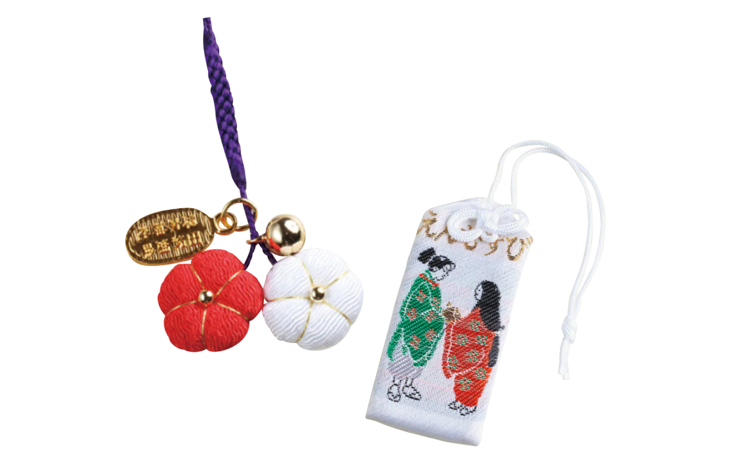 定番のお守り800円（上）とちりめん製のえんむすび御守800円（右）