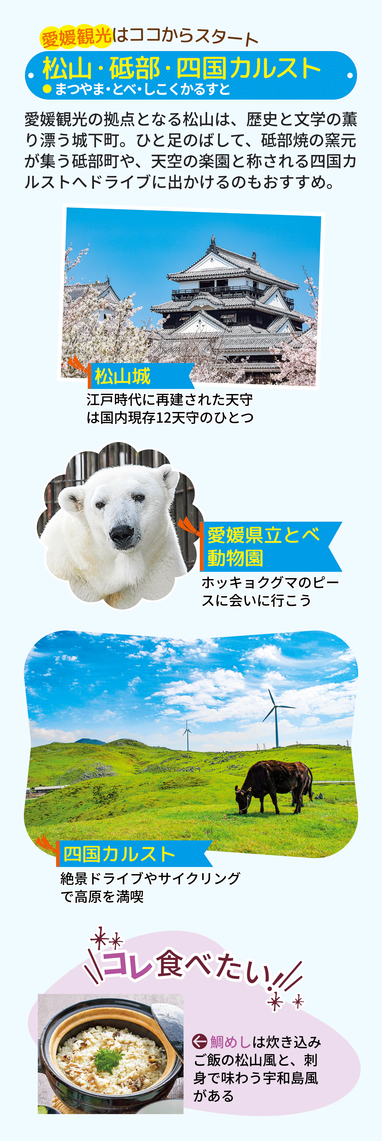 松山城　愛媛県立とべ動物園　四国カルスト