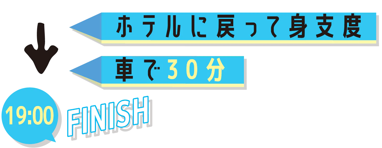 ホテルに戻って身支度車で30分19:00FINISHIの