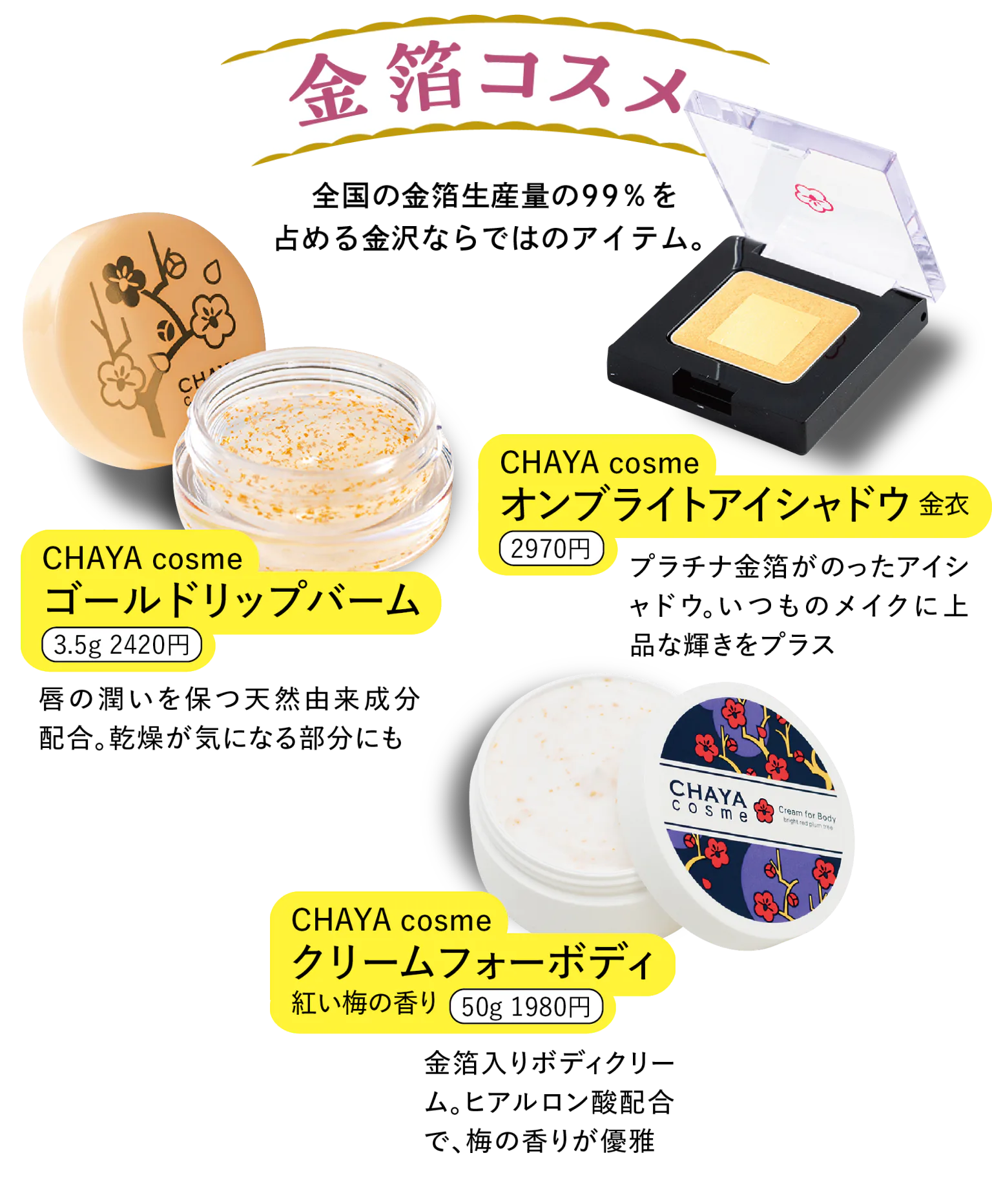 金箔コスメ　CHAYA cosme ゴールドリップバーム　CHAYA cosme オンブライトアイシャドウ 金衣　CHAYA cosme クリームフォーボディ 紅い梅の香り