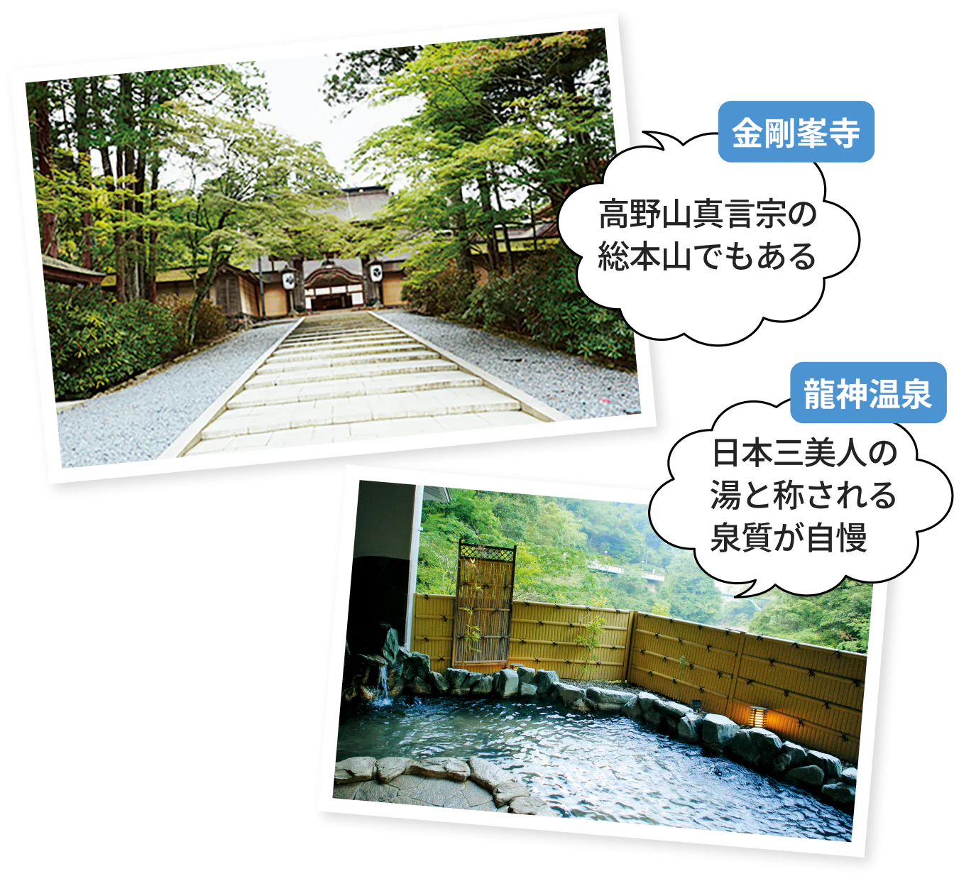 金剛峯寺：高野山真言宗の総本山でもある、龍神温泉：日本三美人の湯と称される泉質が自慢