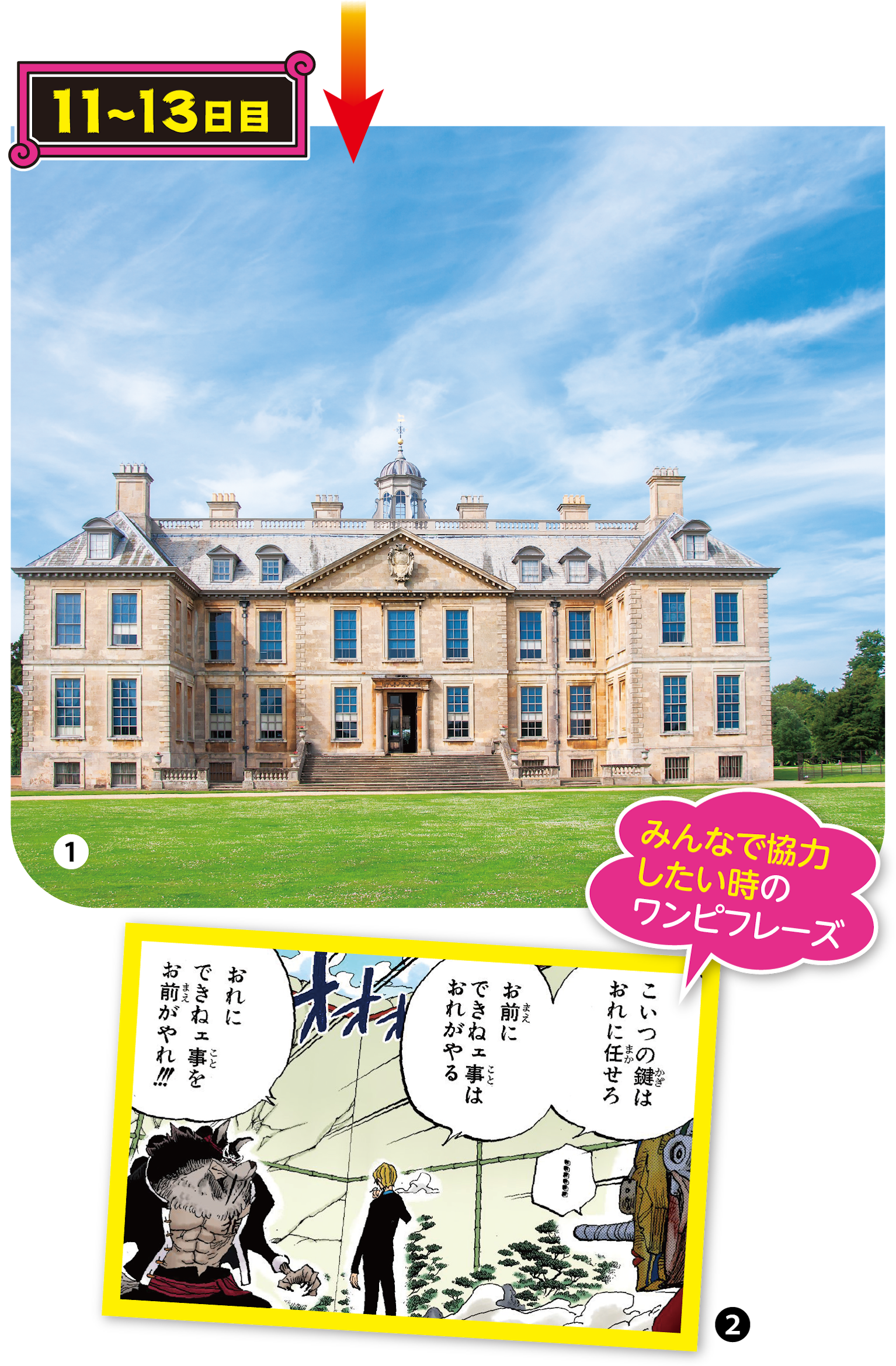 ①イギリスにあるベルトン・ハウス。シロップ村のカヤの屋敷のよう ②エニエス・ロビーでサンジがウソップに言った言葉。旅先でも仲間との協力体制を整えたい!(43巻414話)