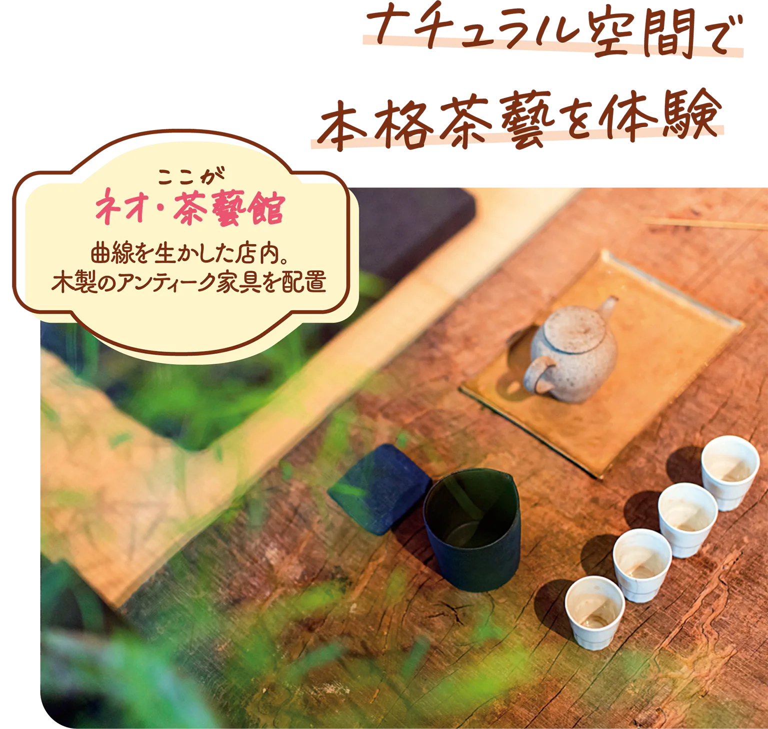曲線を生かした店内。 木製のアンティーク家具を配置の画像