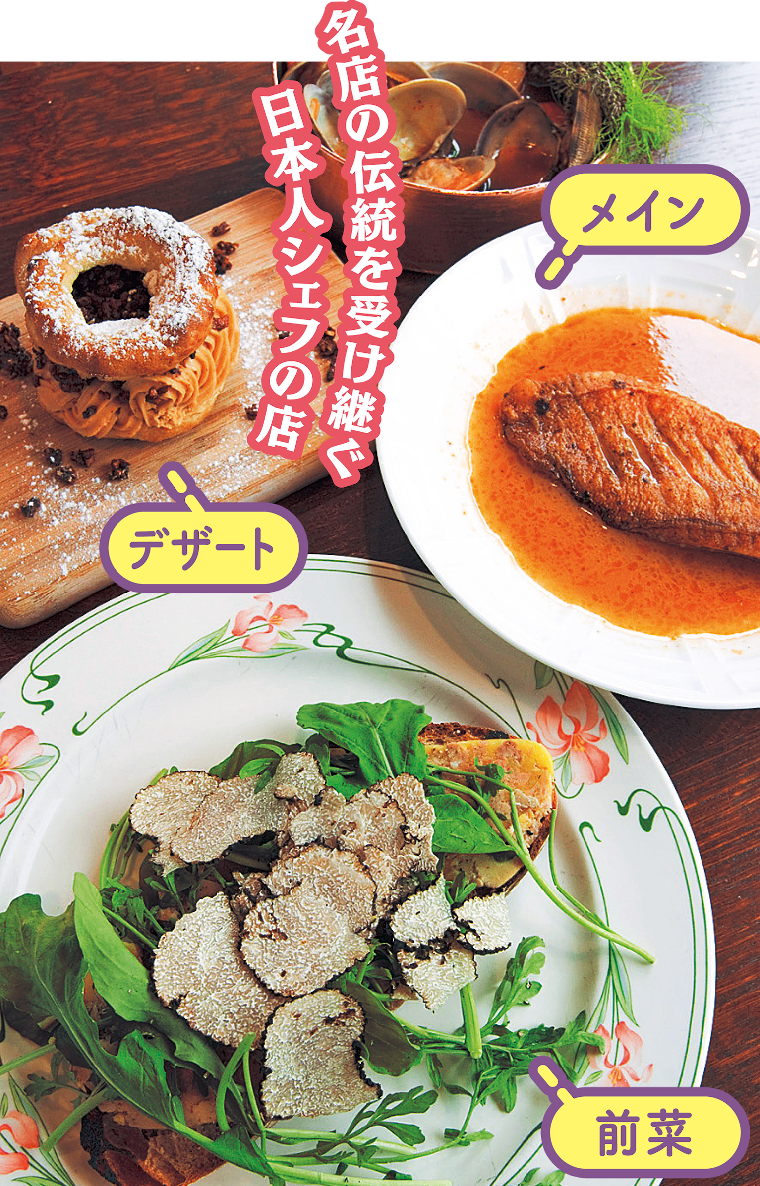 前菜、メイン、デザート3品の料理の画像