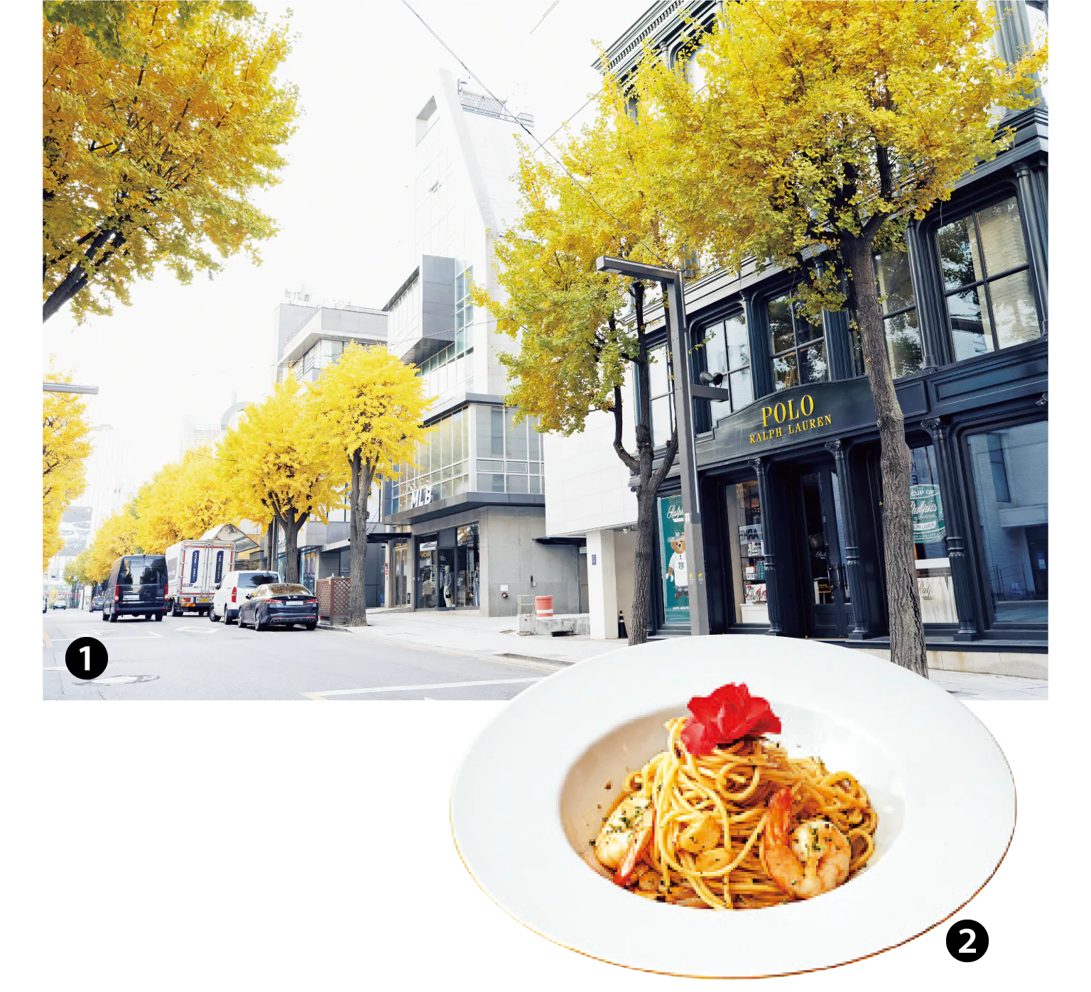 （画像）❶個性的な店が多く街歩きが楽しい ❷散策中に立ち寄るカフェも楽しみ