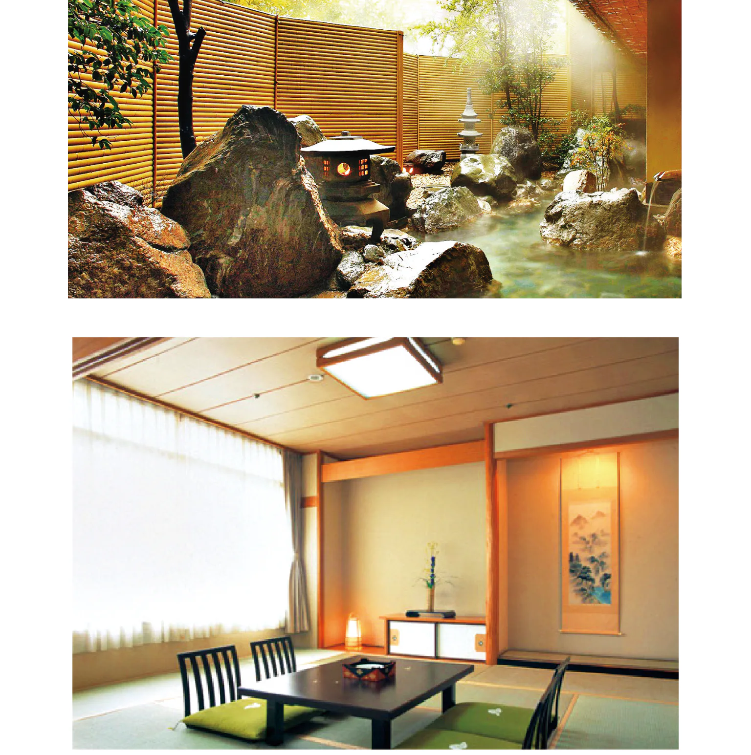 (写真上)岩大露天風呂「六花仙」。2つの露天風呂は男女入替制/(写真下)和室や露天風呂付き客室など、客室は全部で116ある