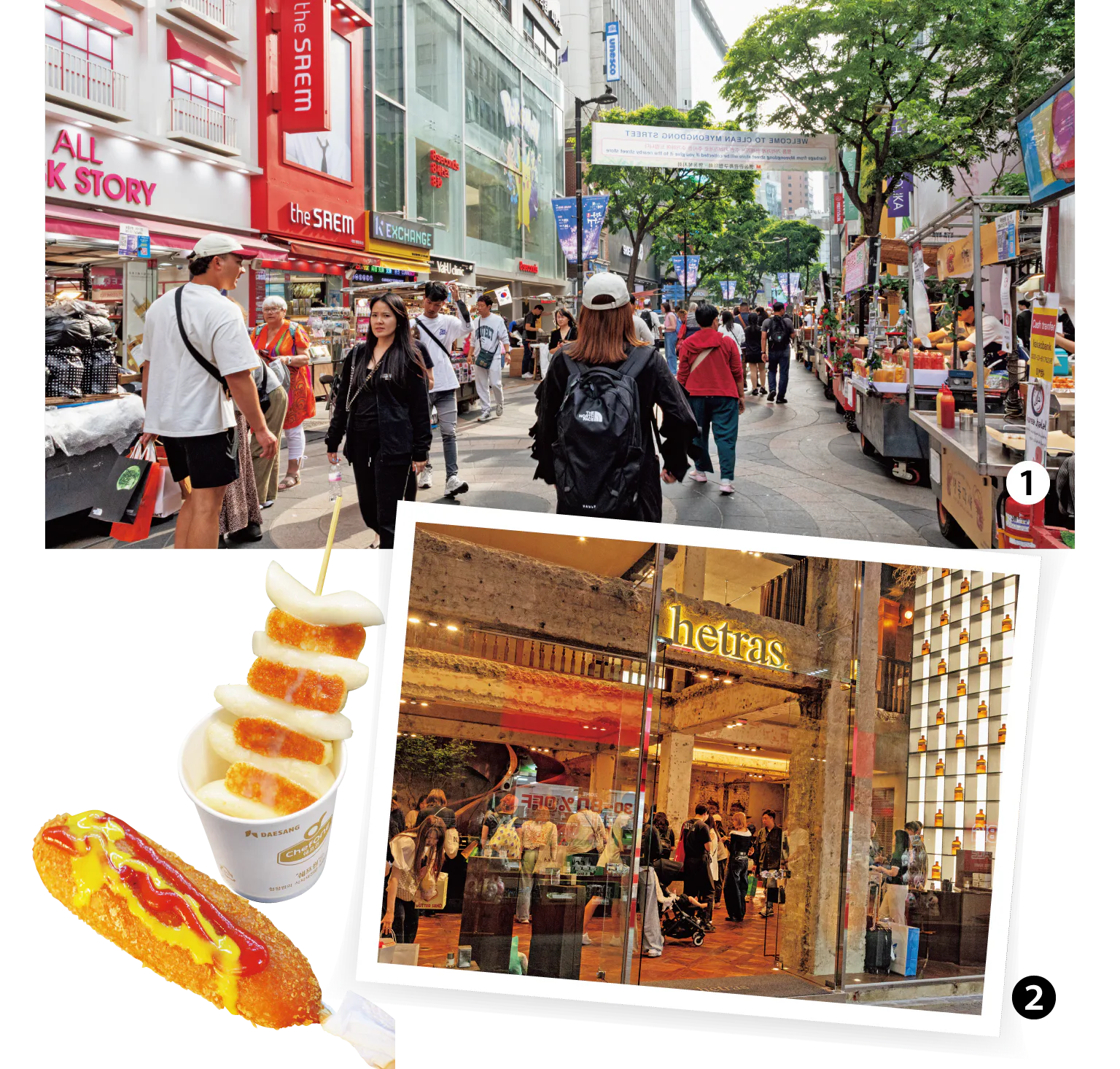 ❶夕方過ぎから出店する屋台グルメも楽しみの一つ ❷マーティン・キムなど話題の店も続々とオープン