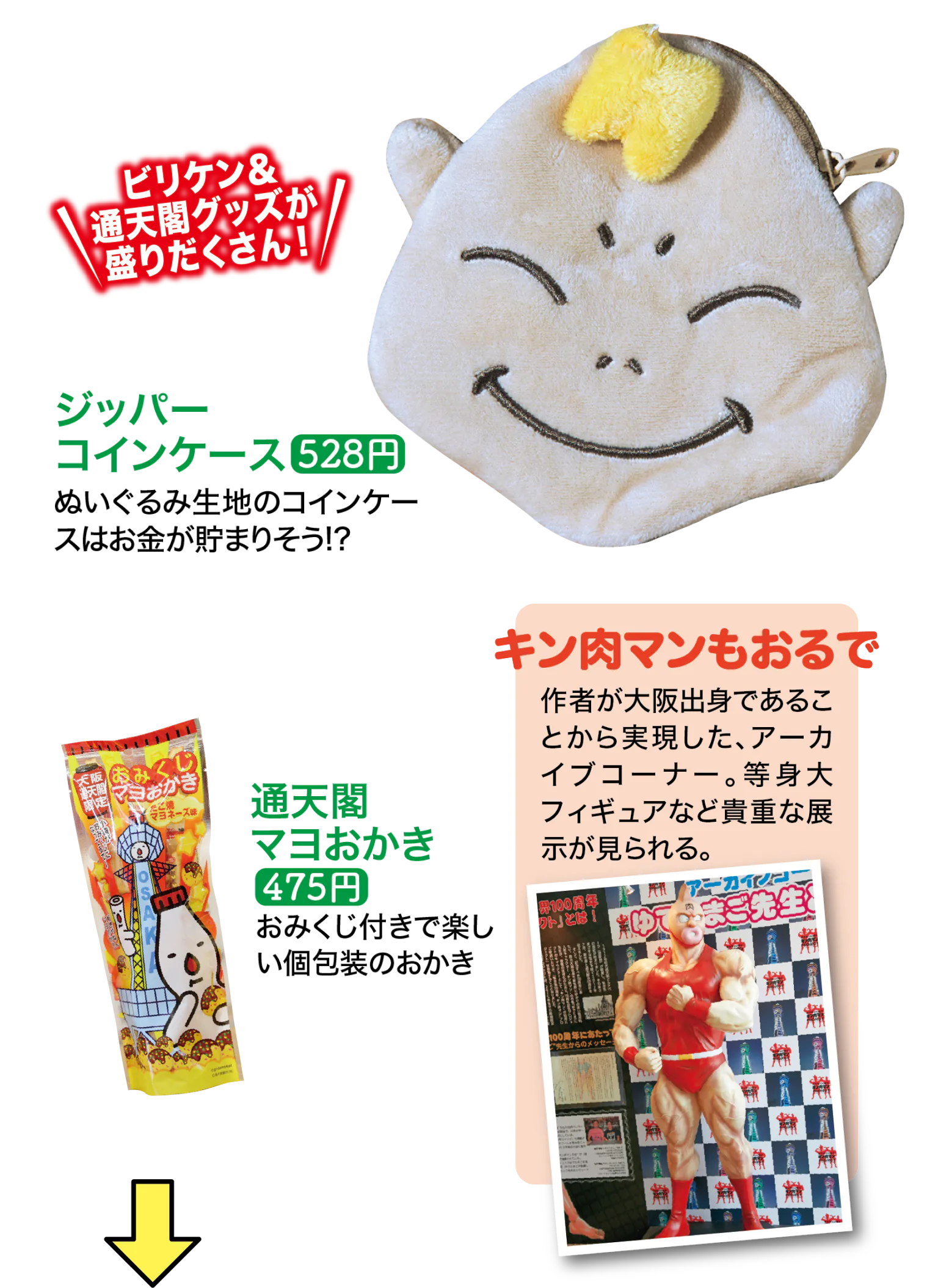 ヂャンヂャン町売店のジッパーコインケース、通天閣マヨおかき、きん肉マンのフィギュアの画像