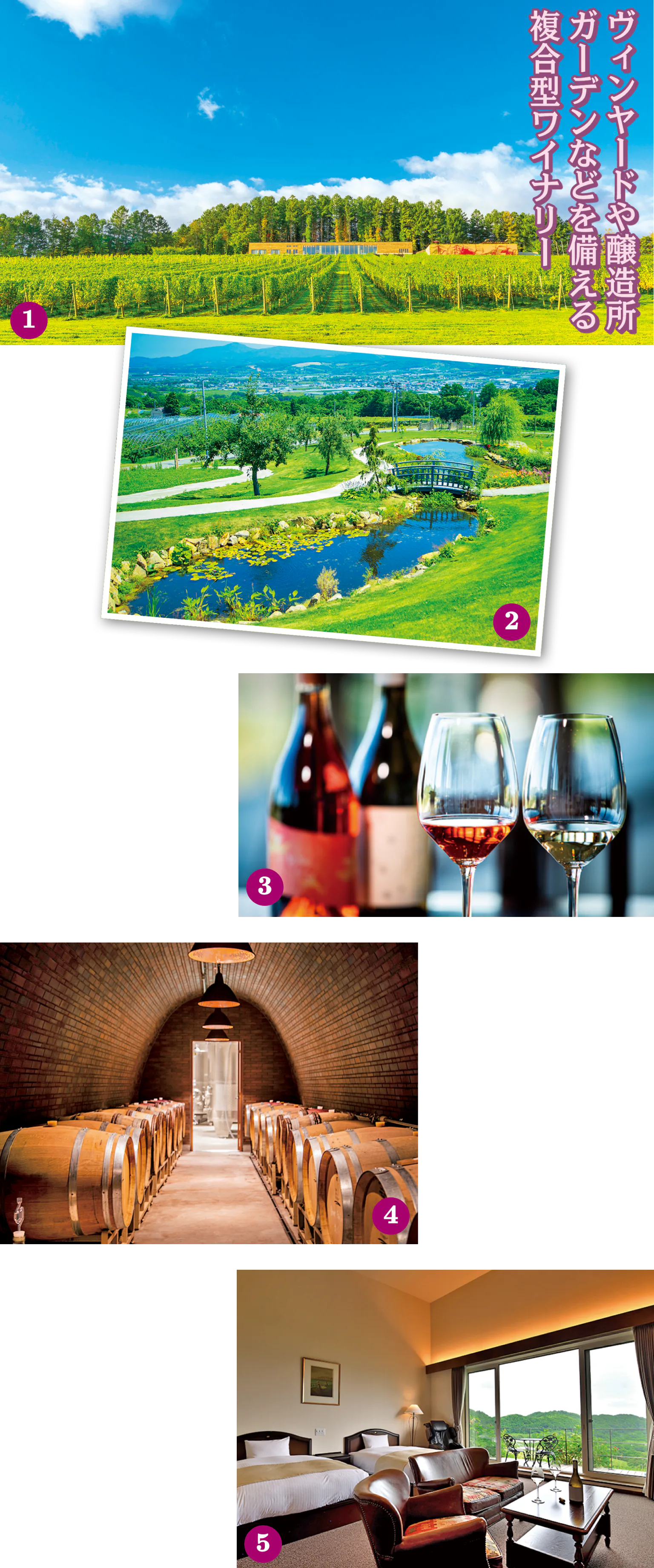 NIKI Hills Wineryの外観、ナチュラルガーデン、ワインの飲み比べセット、ワイナリーツアー、客室の画像