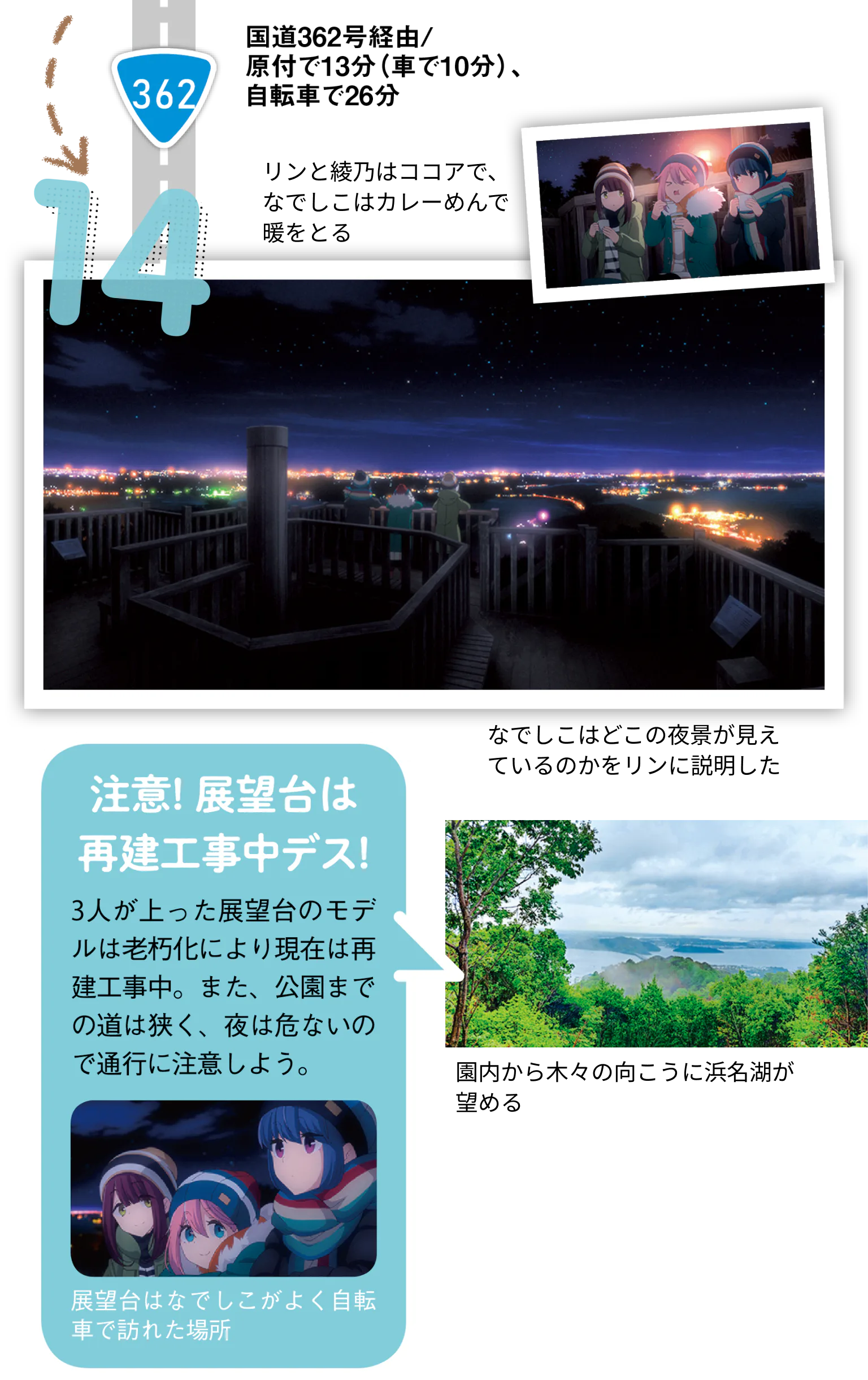 展望台（現在は撤去）から浜名湖を見下ろすの画像、リンと綾乃はココア、なでしこはカレーめんで暖をとるの画像