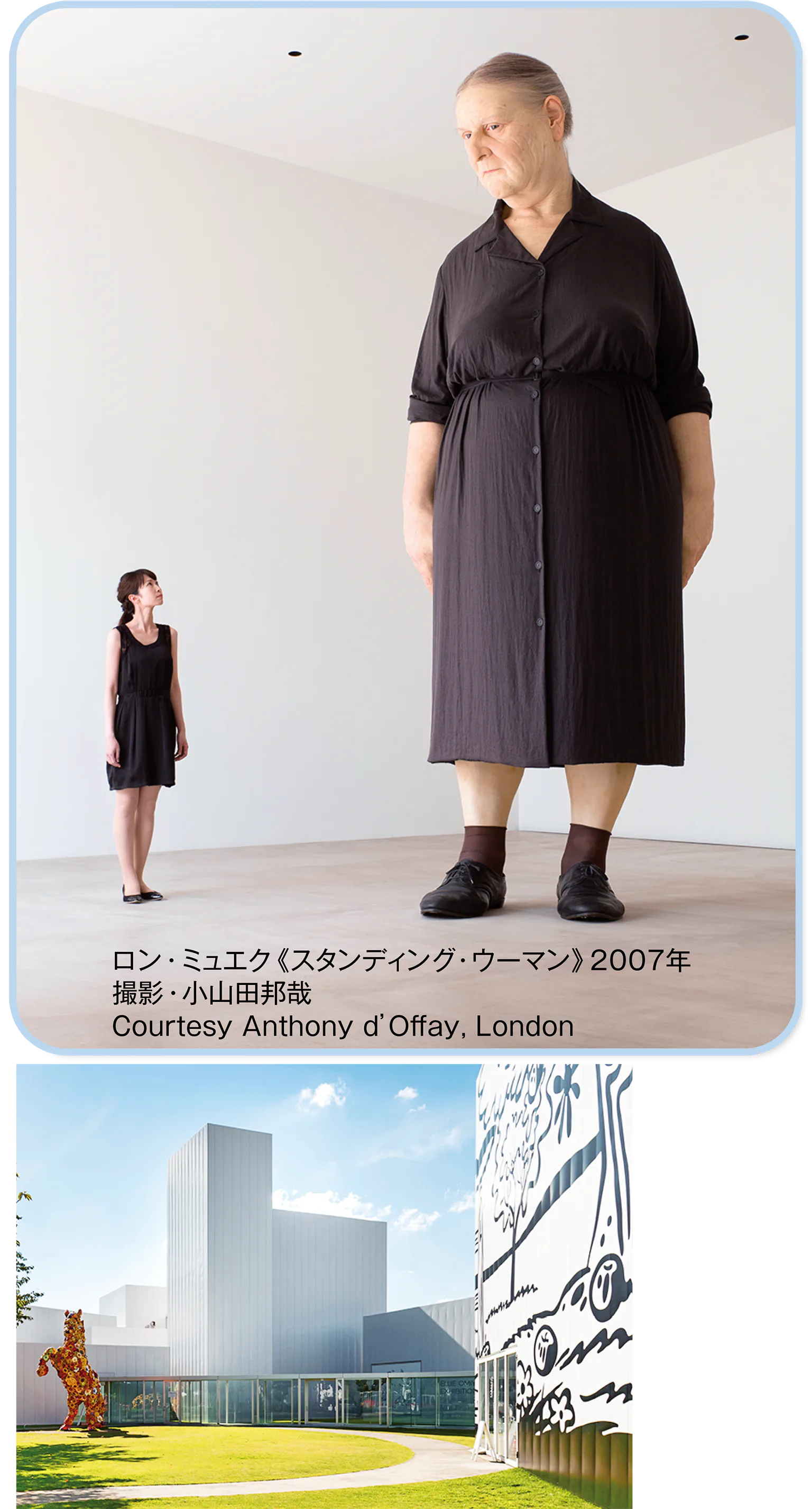 ロン・ミュエクの作品と十和田市現代美術館の外観の画像