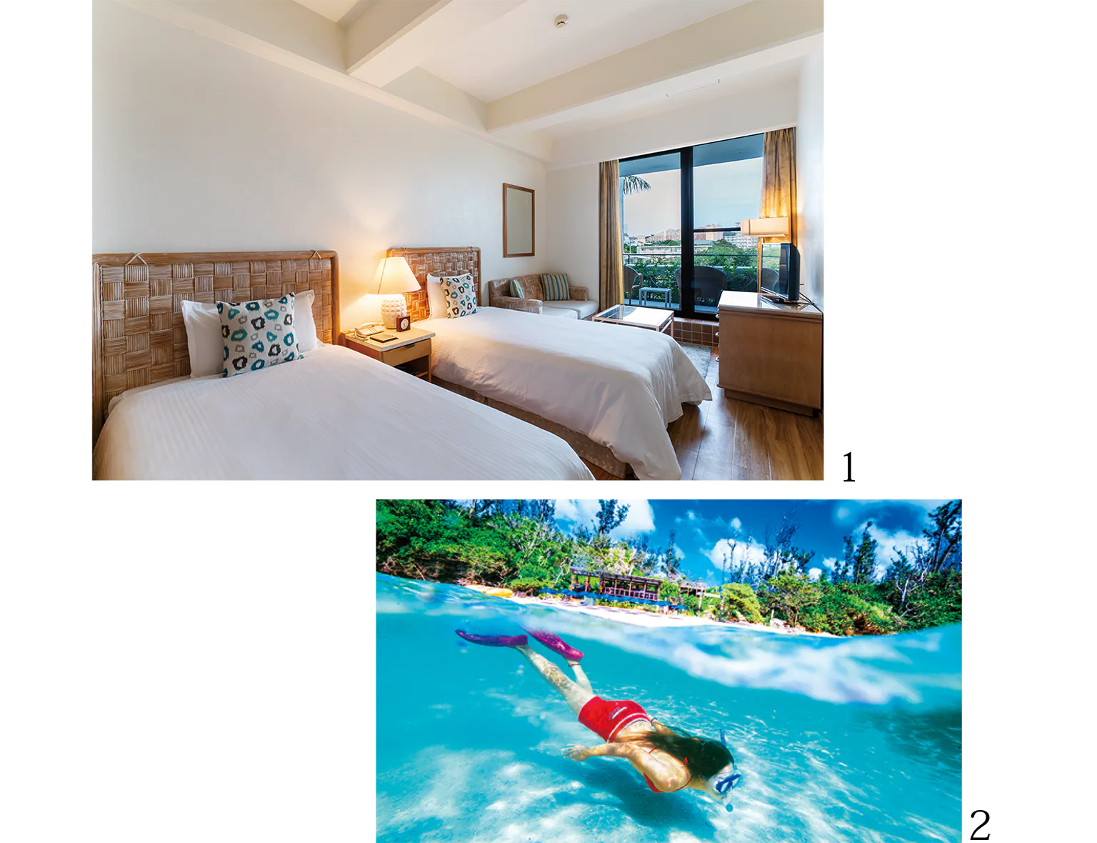 （写真）1.ナチュラルコンフォート（30㎡〜）。日常から離れゆったりとした時間を過ごせる／2.ホテル発無人島（ヨウ島）ツアーも開催している（要問合せ）