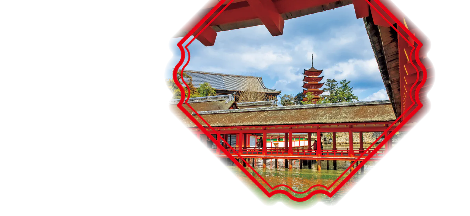 長い横一文字の西廻廊の奥に五重塔がそびえる画像