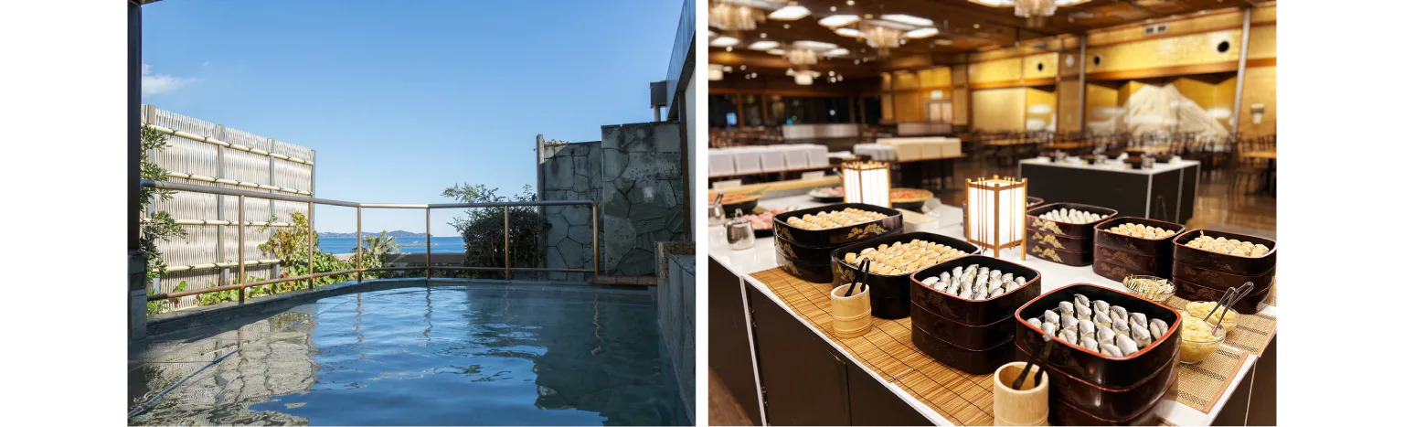 (左)露天風呂からは熱海の町を一望/(右)広々としたダイニングでは、寿司や刺身など彩り豊かなバイキングを提供画像