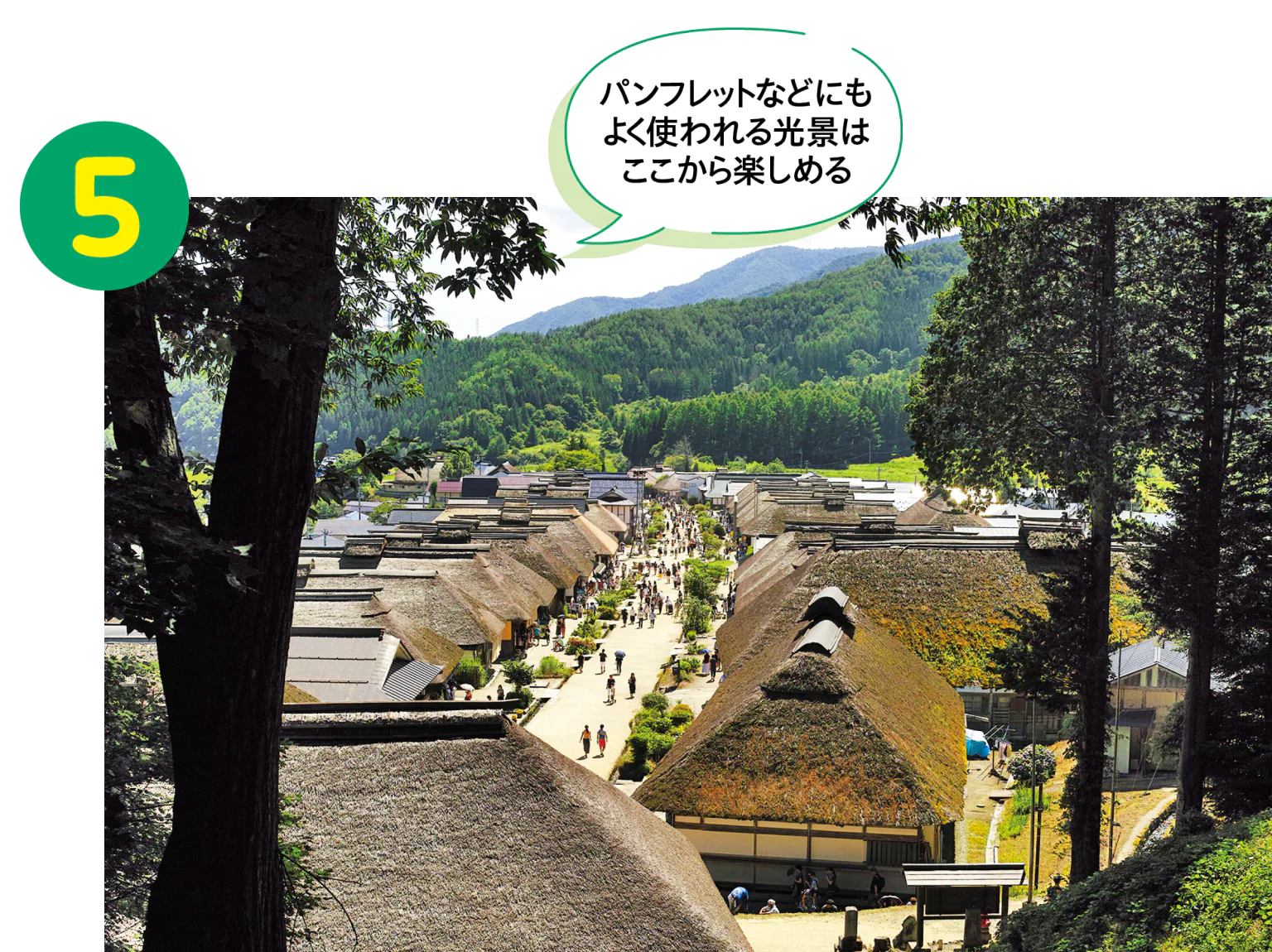 大内宿(おおうちじゅく)見晴台で街並みを見渡すの画像