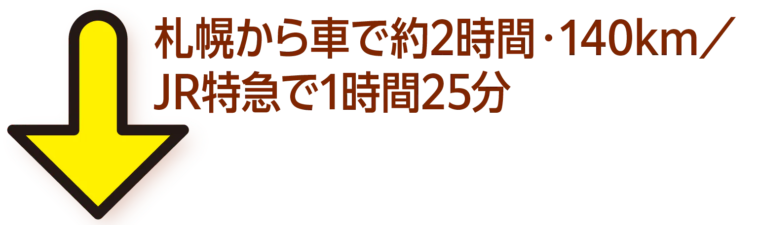 下矢印 札幌から車で約2時間・140km／JR特急で1時間25分の画像