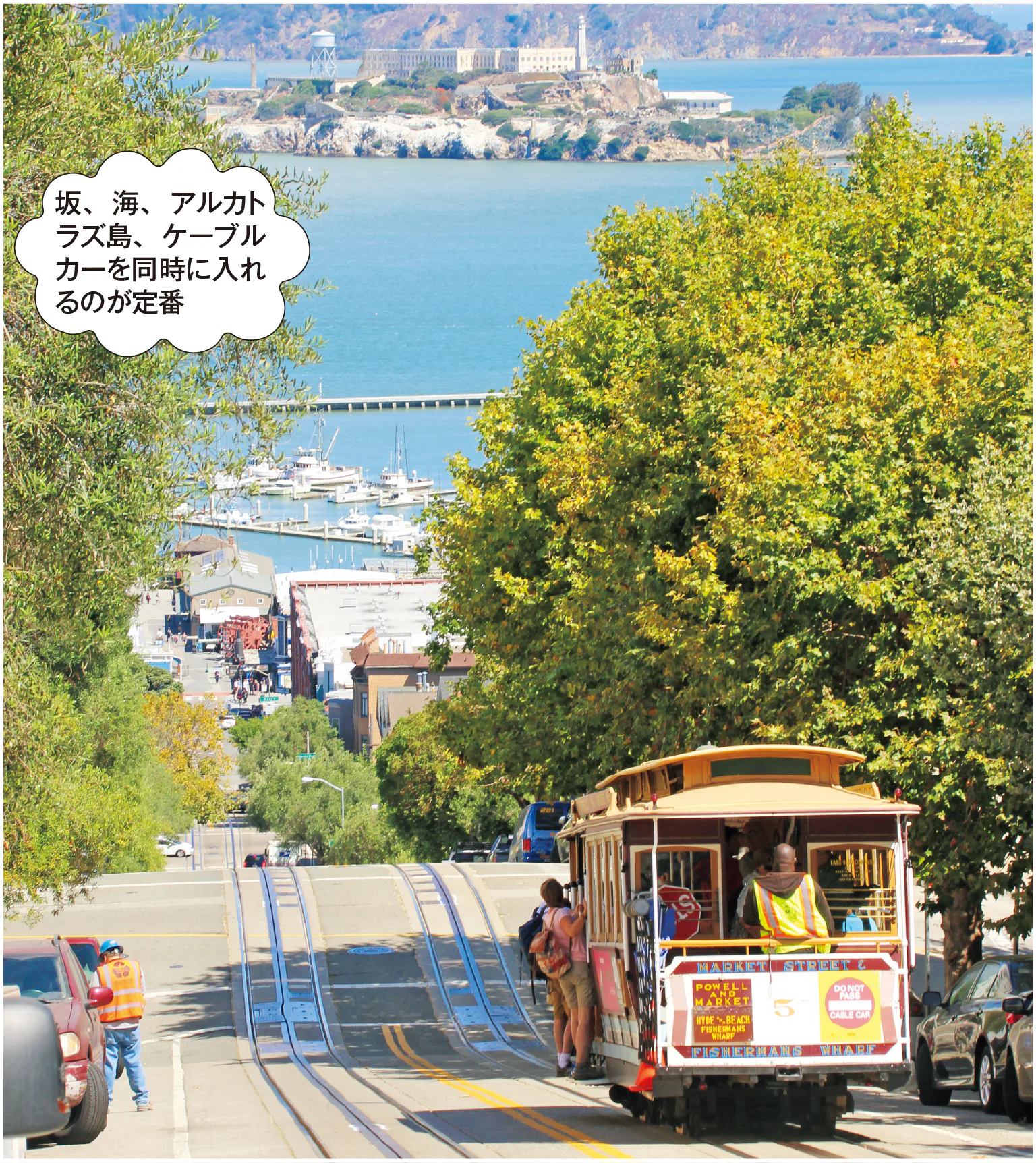 坂、海、アルカトラズ島、ケーブルカーを同時に入れるのが定番
