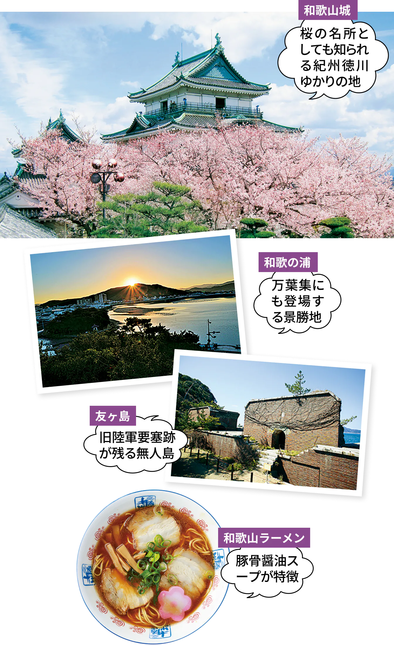 和歌山城、和歌の浦、友ヶ島、和歌山ラーメンの画像