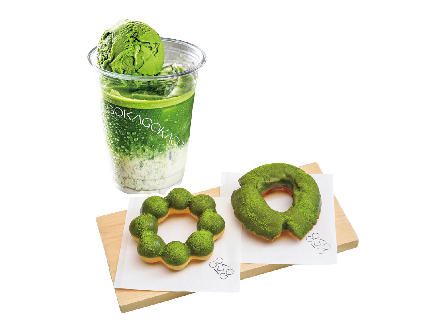 GOKAGOの濃厚抹茶ラテ＋抹茶アイスと宇治抹茶ドーナツの画像