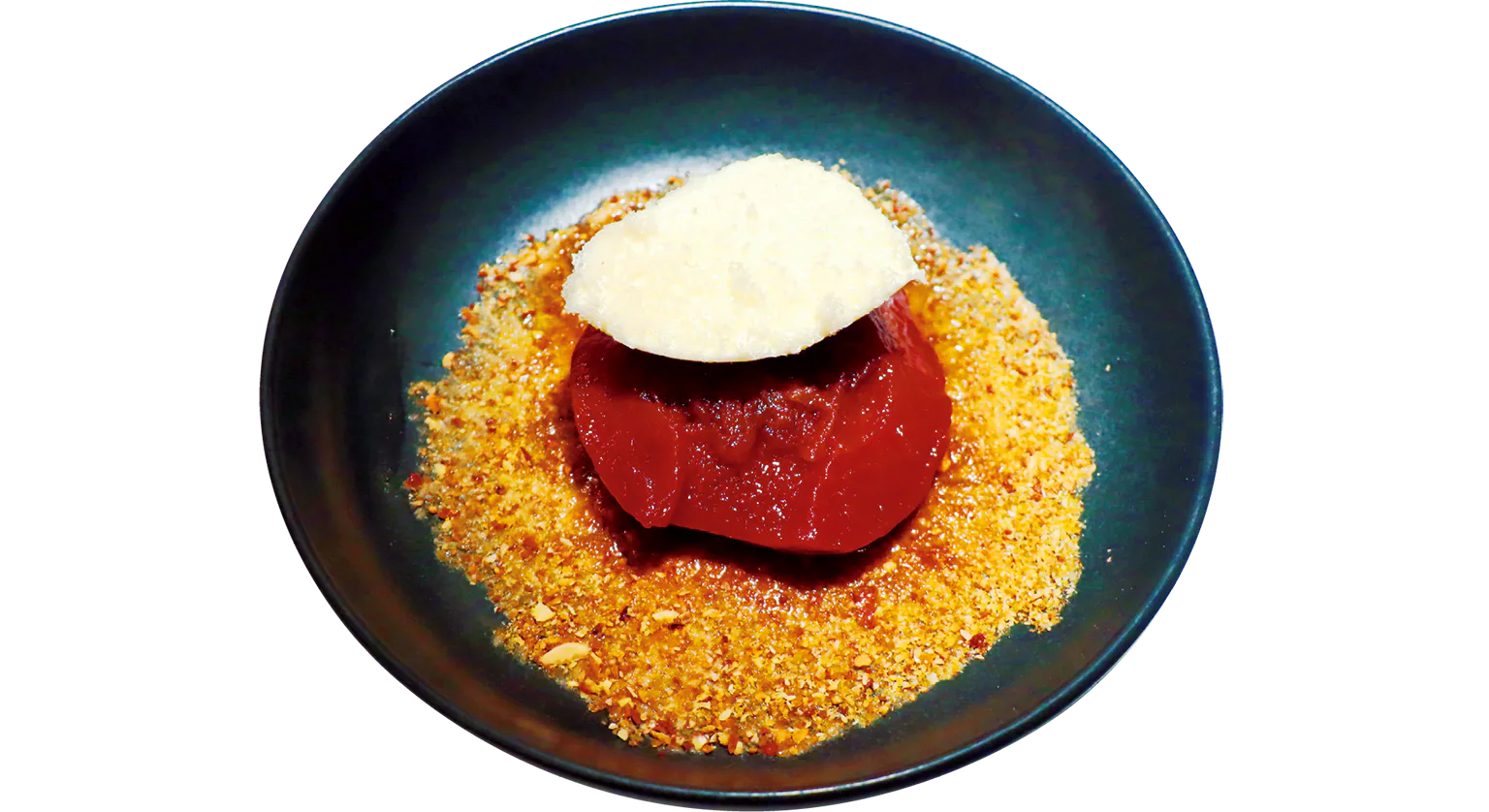 じっくり煮込んだカリンにバニラクリームをのせたコンポートの画像