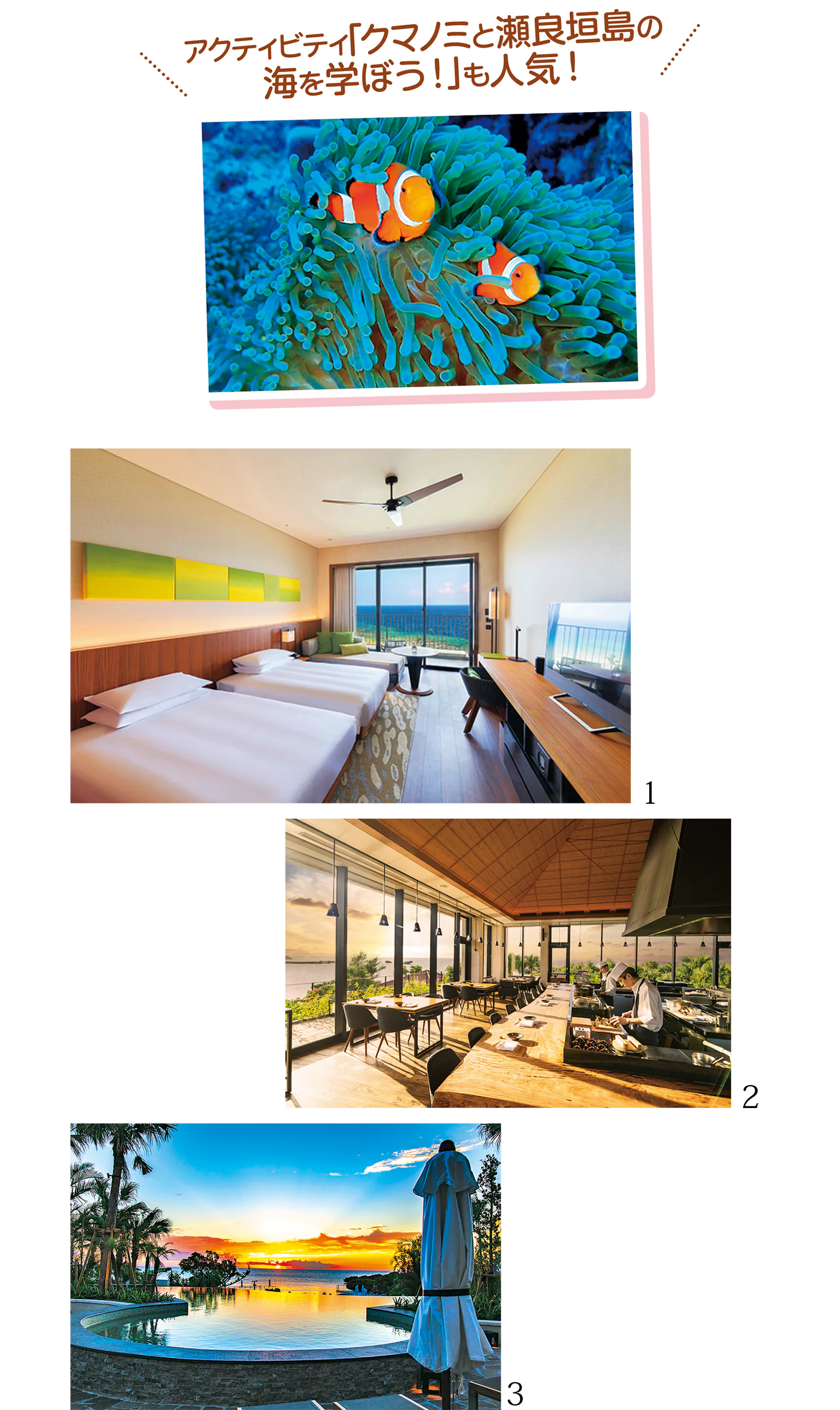 （写真）ハイアット リージェンシー 瀬良垣アイランド 沖縄のアクティビティは人気、1.オーシャンフロントビューツイン2台（38㎡〜）。ウージ（サトウキビ）染めのインテリアアートも美しい／2.三方向が一面ガラス張りの「スペシャリティレストラン シラカチ 炉端」／3.プールからの幻想的なサンセットに感動する