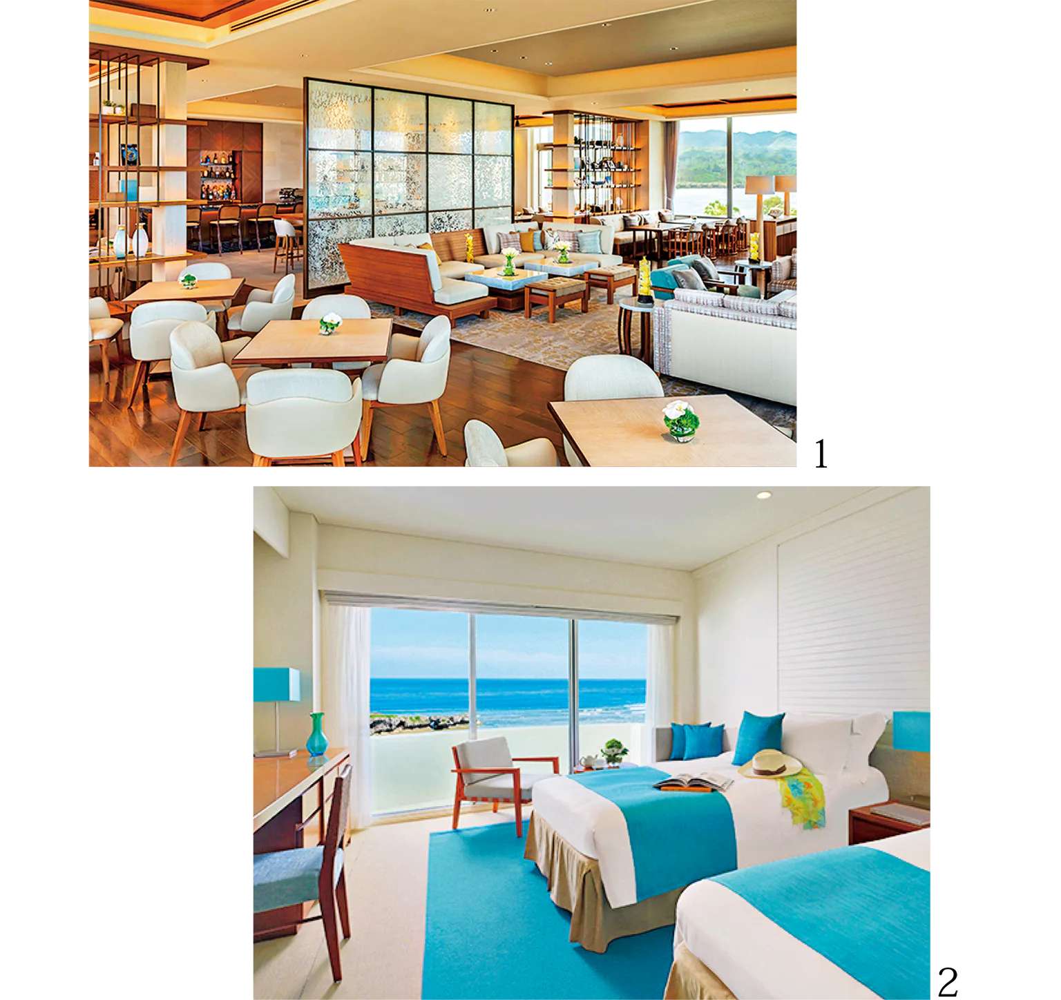 （写真）１．東シナ海の絶景を望むラグジュアリーなクラブラウンジ。特別なおもてなしが充実　２．クラシックツイン（32㎡）。砂浜の白と海の青を基調としたデザイン