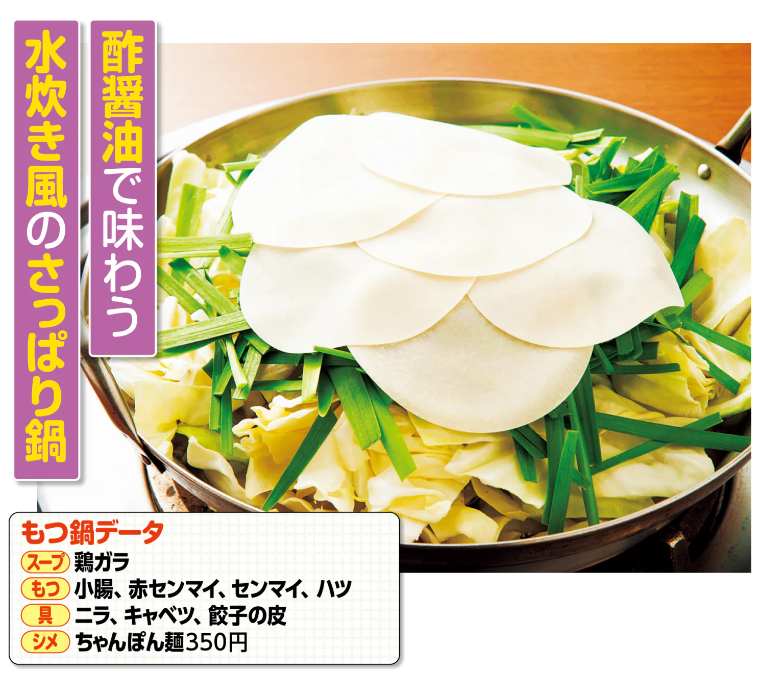 もつ幸のもつ鍋、スープの種類などのもつ鍋データの画像