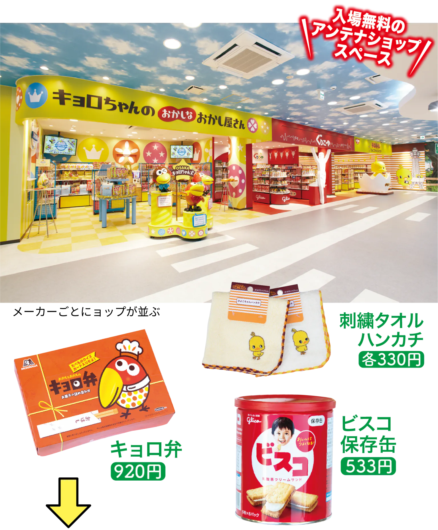展望券売り場 通天閣わくわくランド、キョロ弁、刺繍タオルハンカチ、ビスコ保存缶の画像