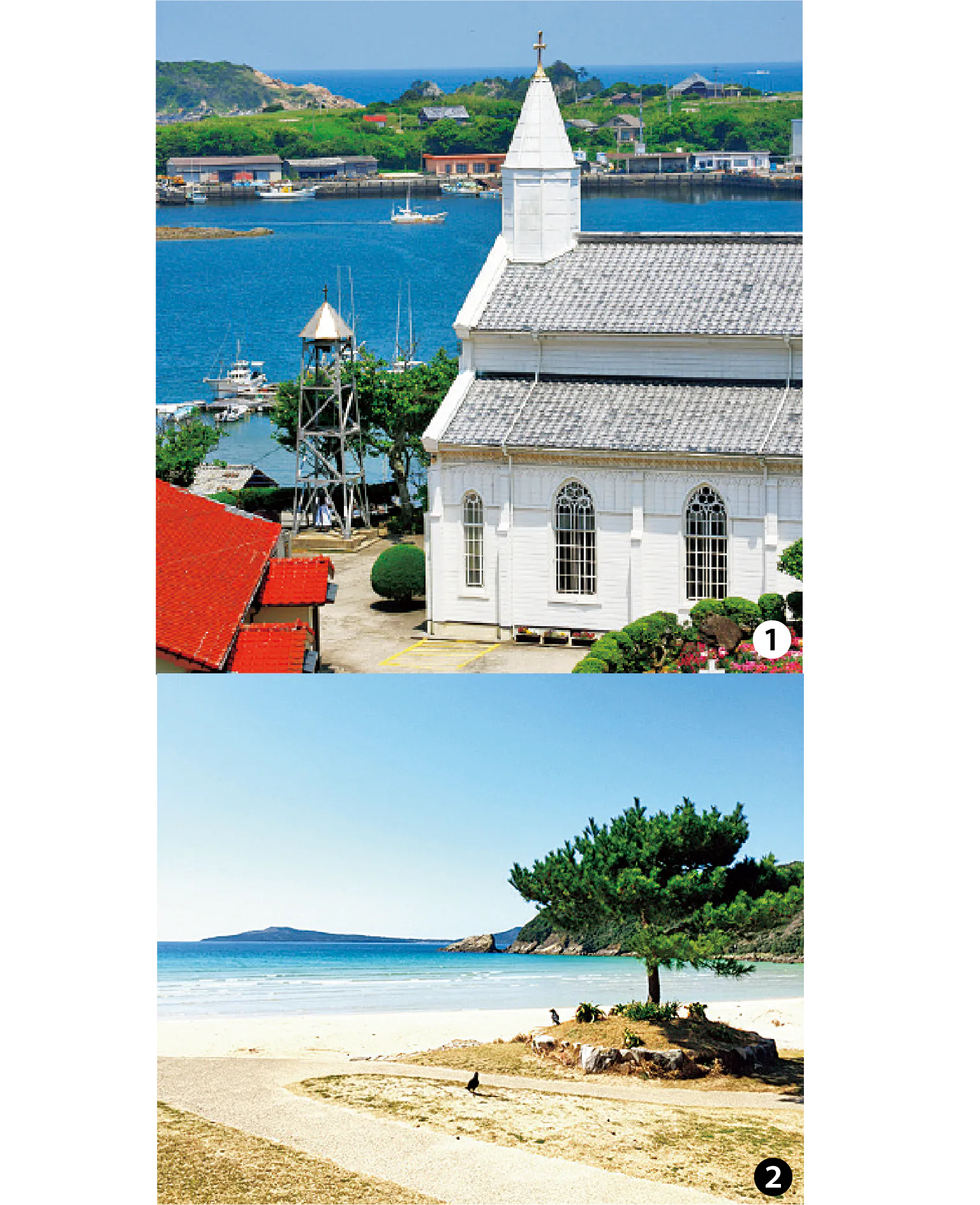 水ノ浦教会の純白の聖堂、高浜海水浴場の白砂のビーチの画像