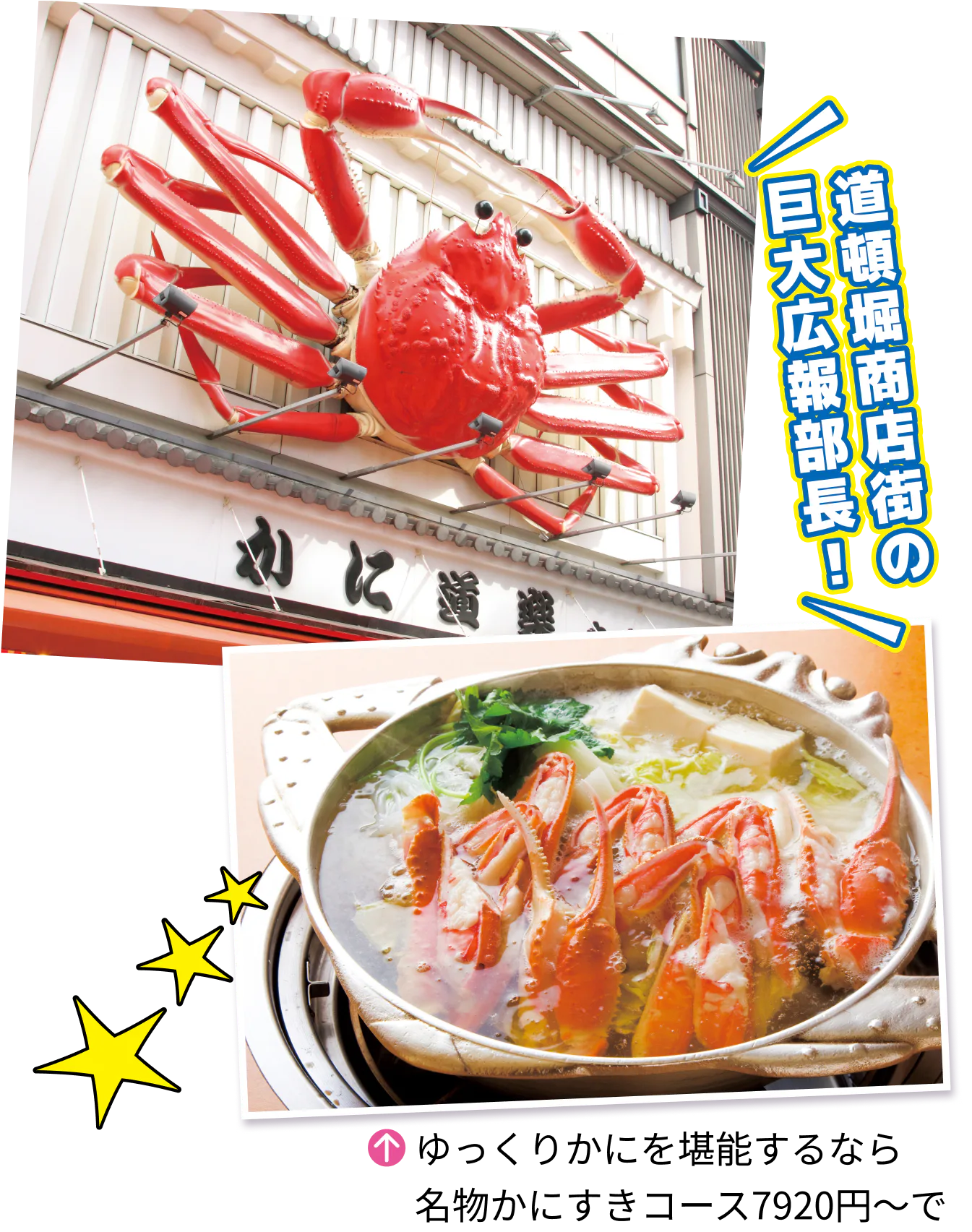 かに道楽道頓堀本店の巨大広報部長、名物かにすきコースの画像