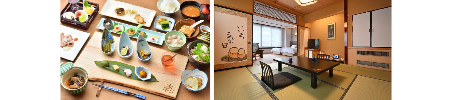 松之山温泉 ひなの宿 ちとせ　里山の食材を使った滋味豊かな夕食の一例、和洋室「和の間」の画像