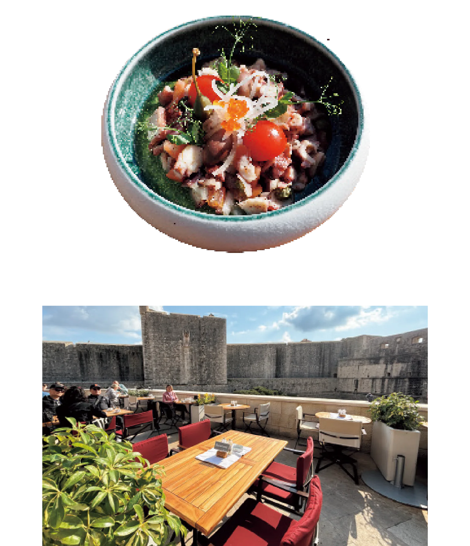 ド ゥブラフカ 1836のタコとオリーブのサラダの画像とテラス席の画像