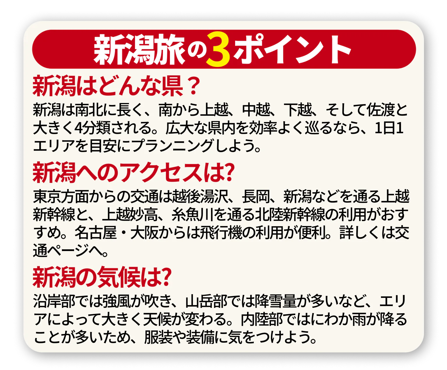 新潟はどんな県？新潟は南北に長く、南から上越、中越、下越、そして佐渡と大きく4分類される。