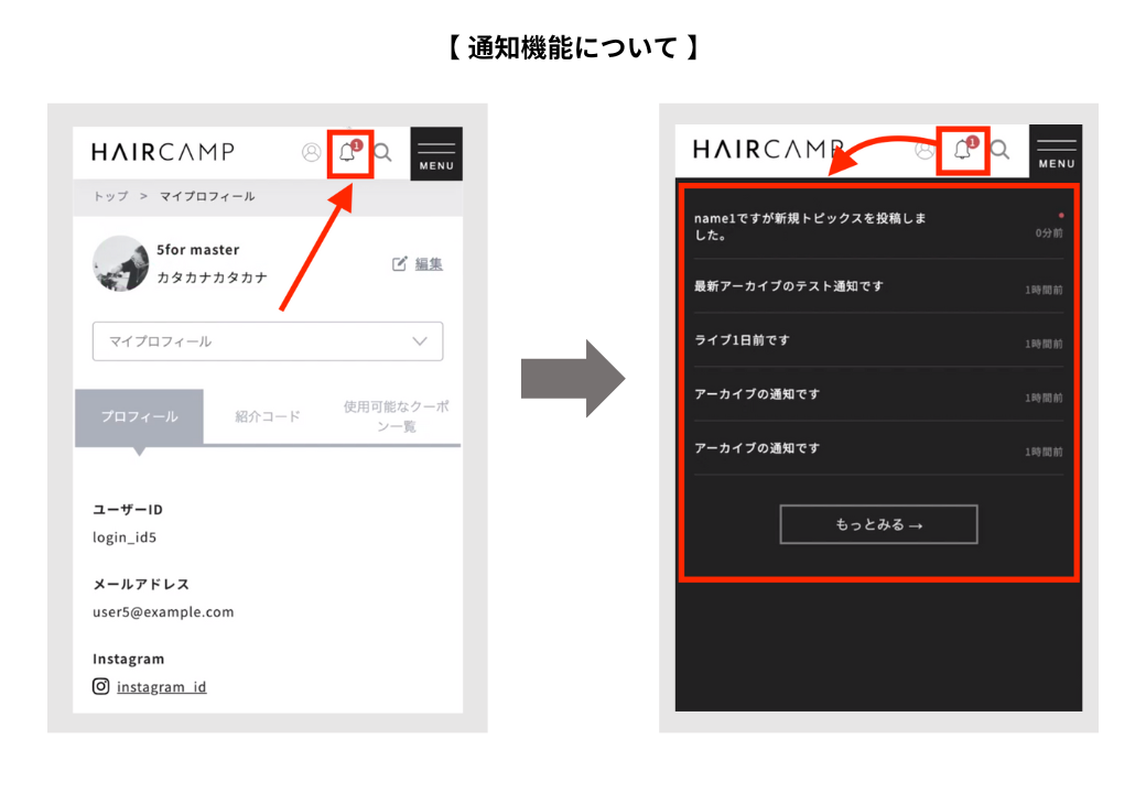通知があると、ベルのマークに赤い印が付きます。既読にすると赤い印が消えます。5件以上の通知がある場合は「もっとみる」をクリックすると、すべての通知を確認できます。