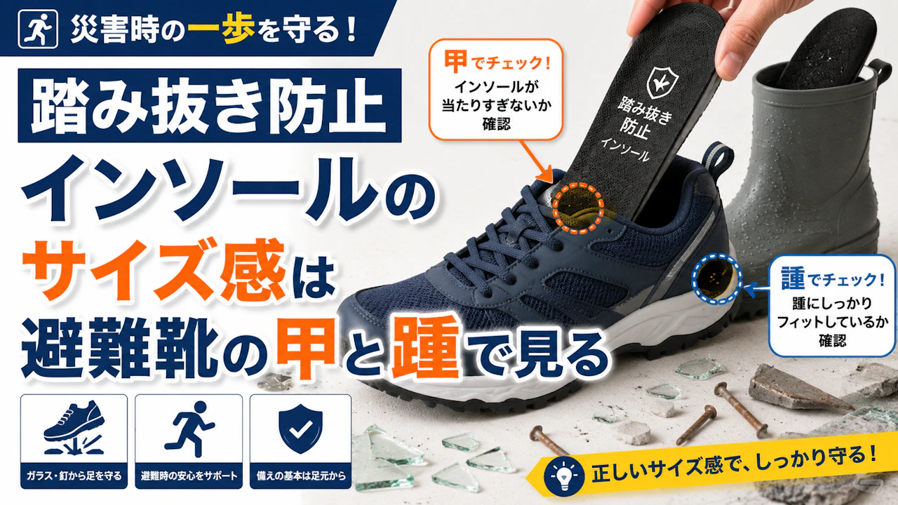 踏み抜き防止インソールのサイズ感は避難靴の甲と踵で見る