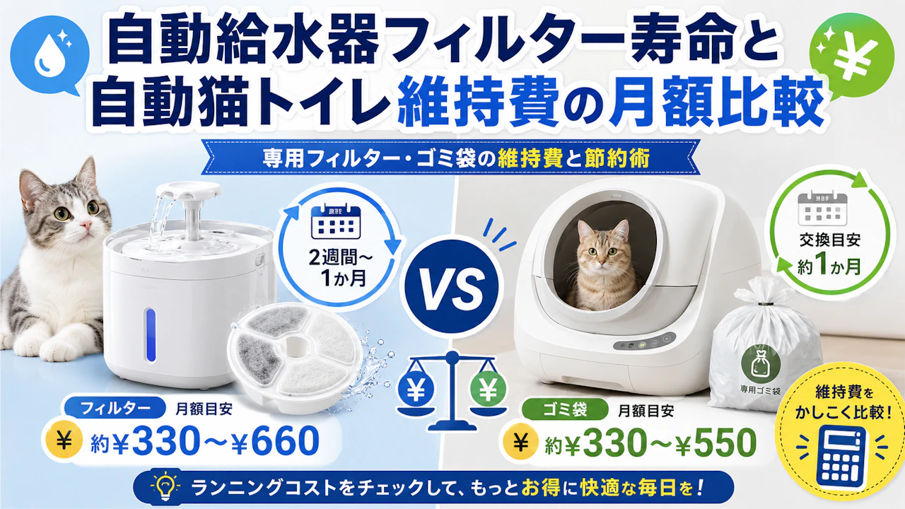 自動給水器フィルター寿命と自動猫トイレ維持費の月額比較