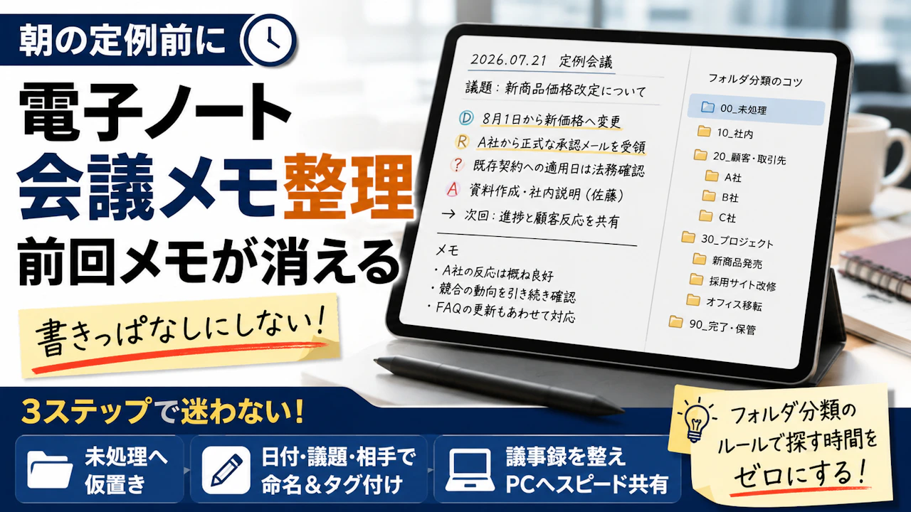 電子ノート 会議メモ 整理朝の定例前に前回メモが消える